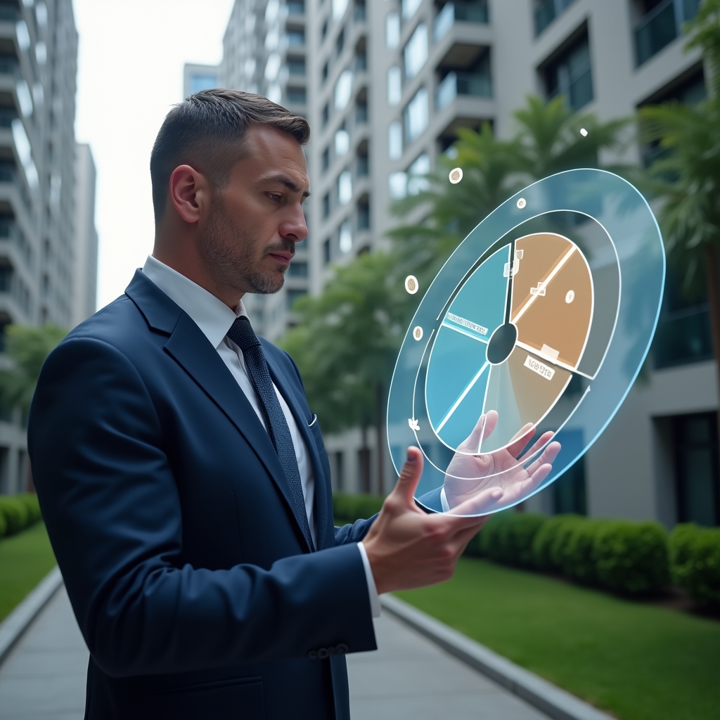 (Ultra-realistic condominium manager in a navy blue tailored suit, set in a modern luxury condominium environment with high-rise buildings and manicured green landscaping, examining a holographic pie chart that illustrates unit share fractions with a thoughtful expression, floating icons of coins and voting ballots around the chart, cinematic lighting, shallow depth of field, highly detailed textures, realistic skin, photographic realism, 8k resolution --ar 1:1 --v 6)