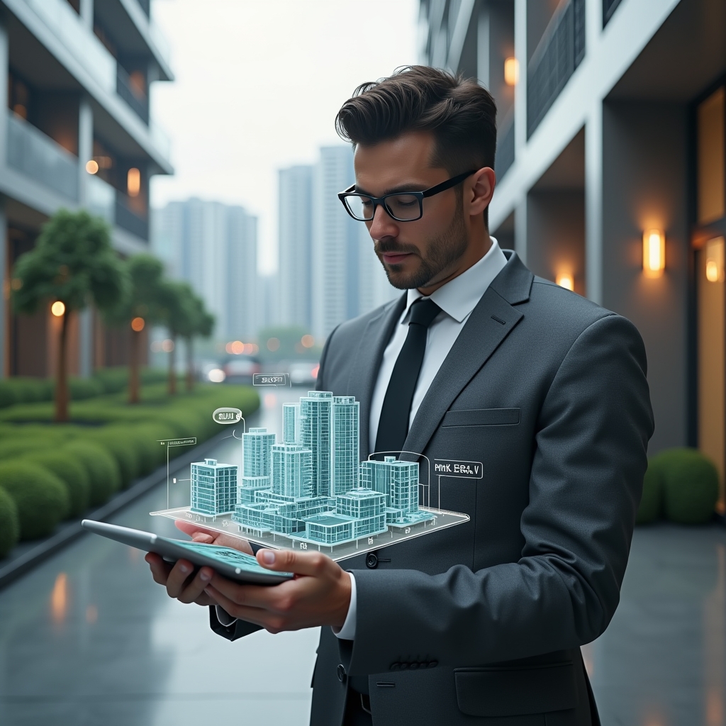 (Ultra-realistic condominium manager in a charcoal gray tailored suit, set in a modern luxury condominium environment with high-rise buildings and meticulously landscaped gardens, analyzing a holographic 3D model of apartment units with overlaid percentage labels representing fraction ideal, confident and focused expression, digital tablet in hand displaying calculation charts, cinematic lighting, shallow depth of field, highly detailed textures, realistic skin, photographic realism, 8k resolution --ar 1:1 --v 6)