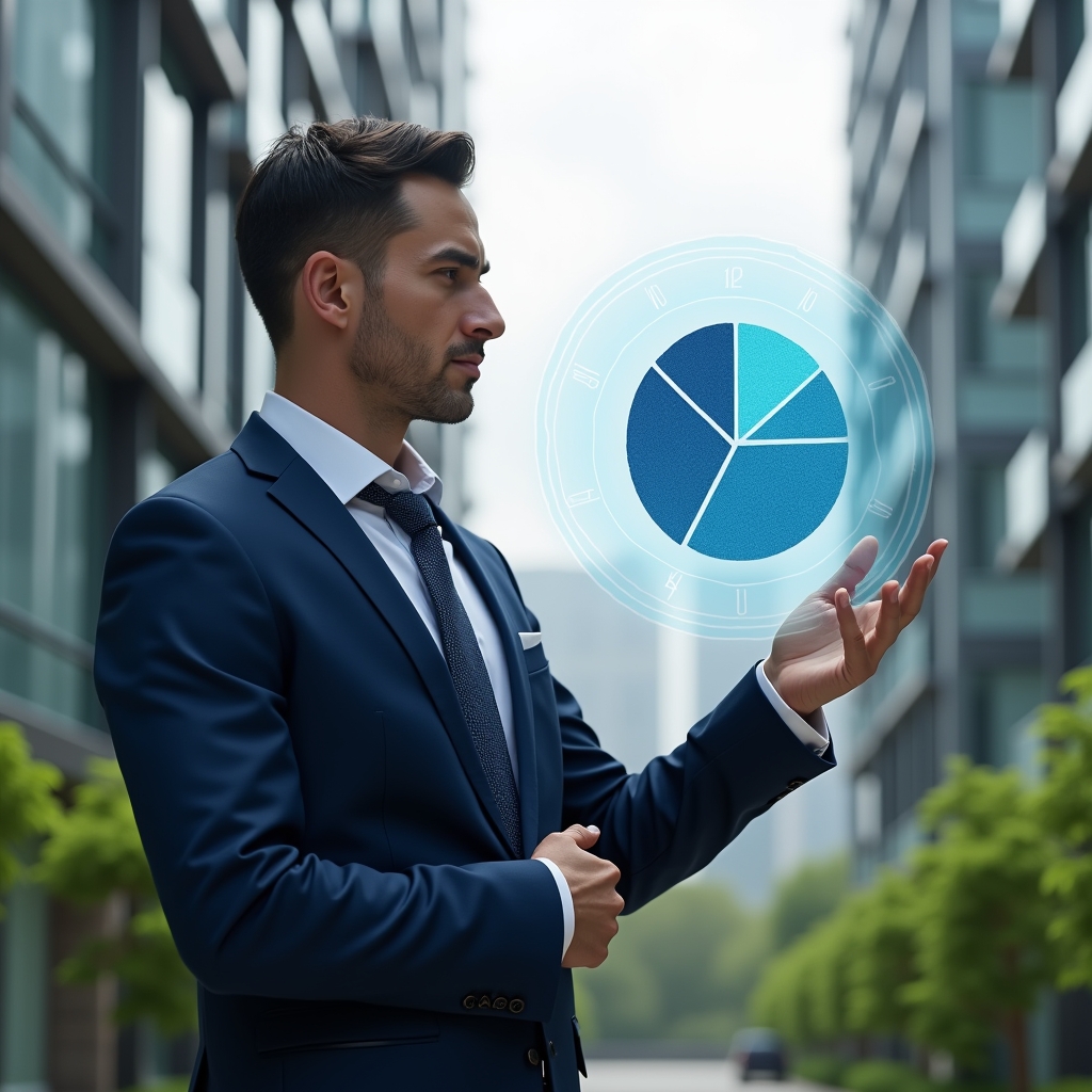 Ultra-realistic condominium manager in a navy blue suit, set in a modern luxury condominium environment with high-rise buildings and lush green landscaping, examining a floating holographic pie chart representing unit ownership fractions, projecting confidence and focus, cinematic lighting, shallow depth of field, highly detailed textures, realistic skin, photographic realism, 8k resolution --ar 1:1 --v 6