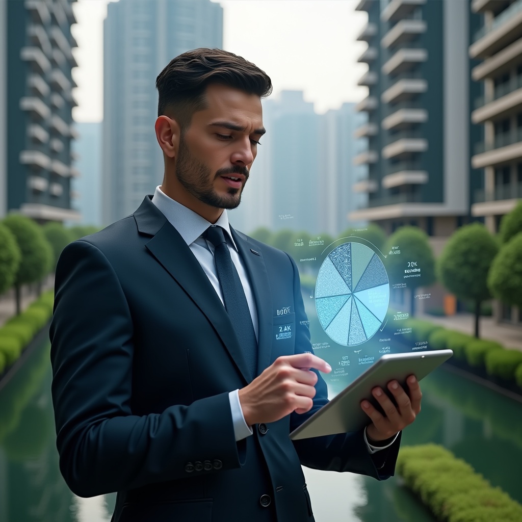 (Ultra-realistic condominium manager in a dark navy executive suit, set in a modern luxury condominium environment with high-rise buildings and manicured green landscaping, holding a tablet projecting a holographic pie chart of condo fee distribution, thoughtful and confident expression, holographic fractional diagrams and currency symbols floating around, cinematic lighting, shallow depth of field, highly detailed textures, realistic skin, photographic realism, 8k resolution --ar 1:1 --v 6)