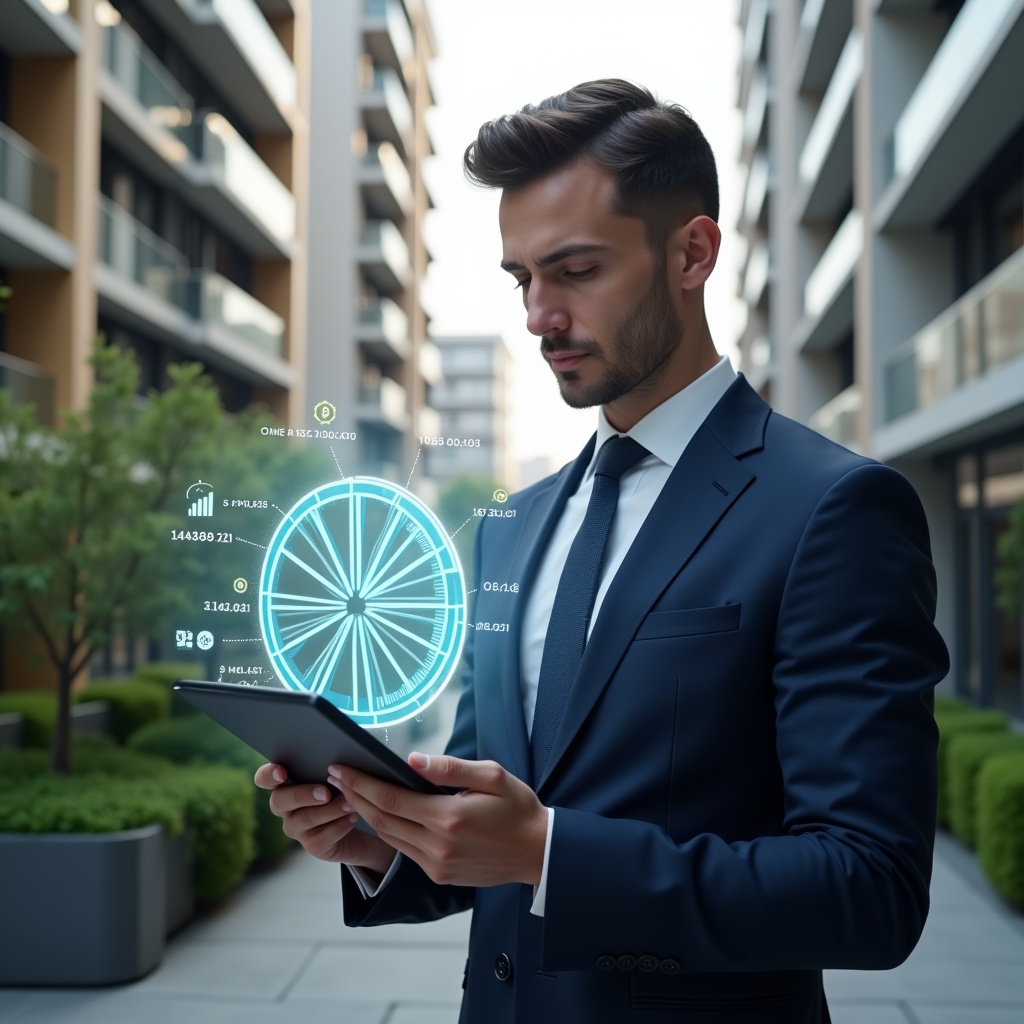 Ultra-realistic condominium manager in a navy executive suit, set in a modern luxury condominium environment with high-rise buildings and manicured greenery, holding a tablet projecting a holographic pie chart representing fractions ideal and cost distribution, analyzing data with a confident expression, holographic icons of coins and floor plans floating around, cinematic lighting, shallow depth of field, highly detailed textures, realistic skin, photographic realism, 8k resolution --ar 1:1 --v 6