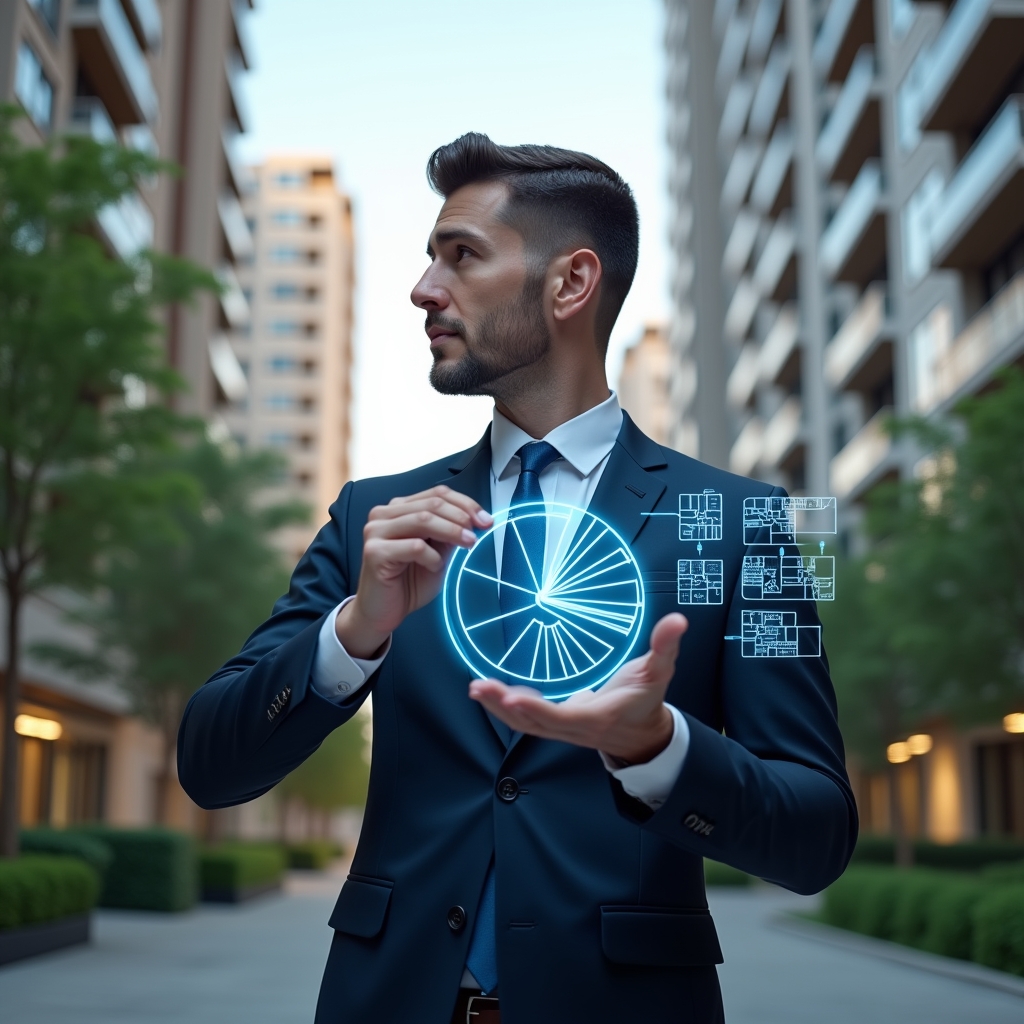 Ultra-realistic condominium manager in a dark blue tailored suit, set in a modern luxury condominium environment with high-rise buildings and lush green landscaping, holding and analyzing a holographic pie chart representing fractional ownership breakdown, thoughtful expression, holographic icons of floor plans floating beside them, cinematic lighting, shallow depth of field, highly detailed textures, realistic skin, photographic realism, 8k resolution --ar 1:1 --v 6