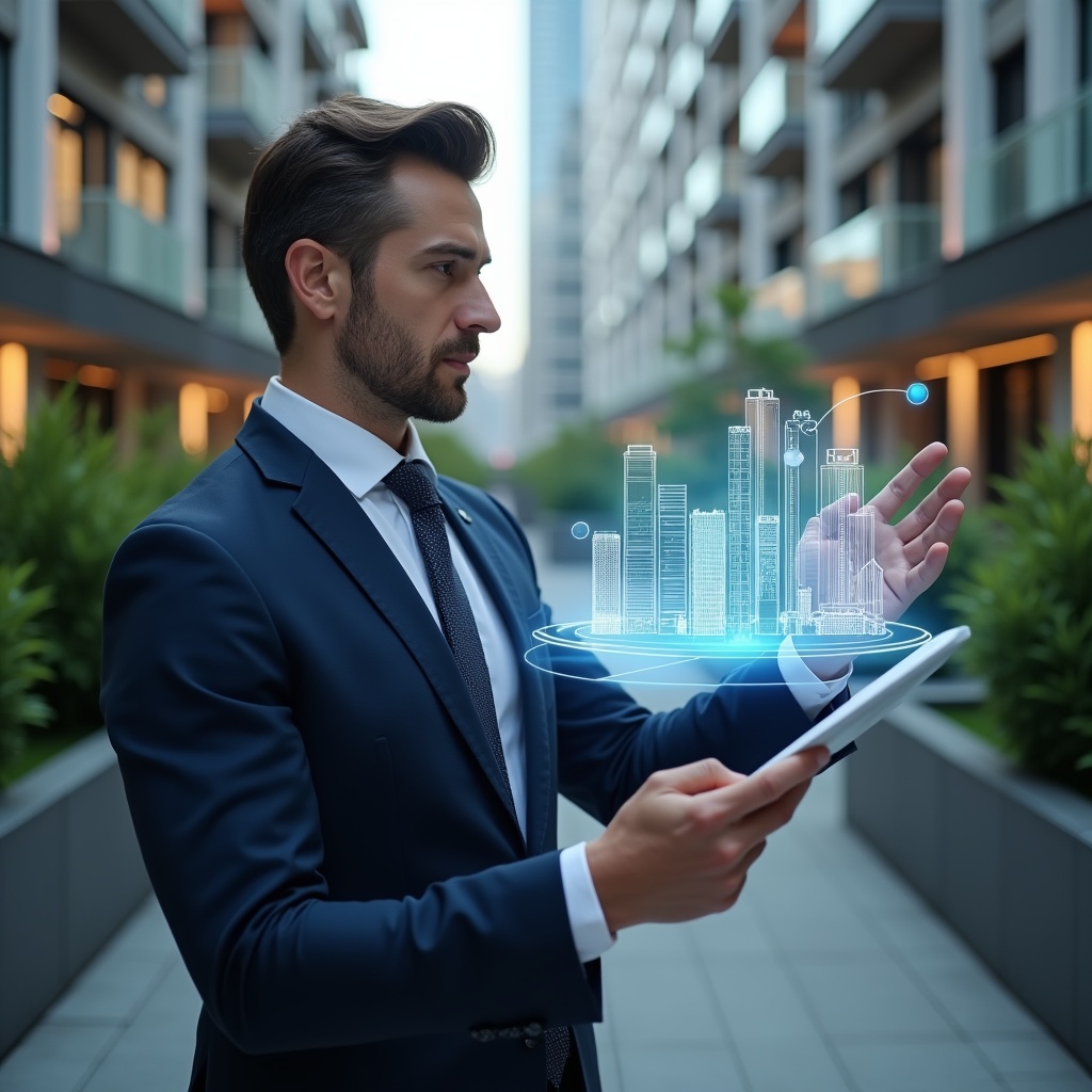 (Ultra-realistic condominium manager in a navy tailored suit, set in a modern luxury condominium environment with high-rise buildings and manicured greenery, examining a holographic pie chart of unit fractions with thoughtful confidence, floating icons of currency and building silhouettes around, cinematic lighting, shallow depth of field, highly detailed textures, realistic skin, photographic realism, 8k resolution --ar 1:1 --v 6)
