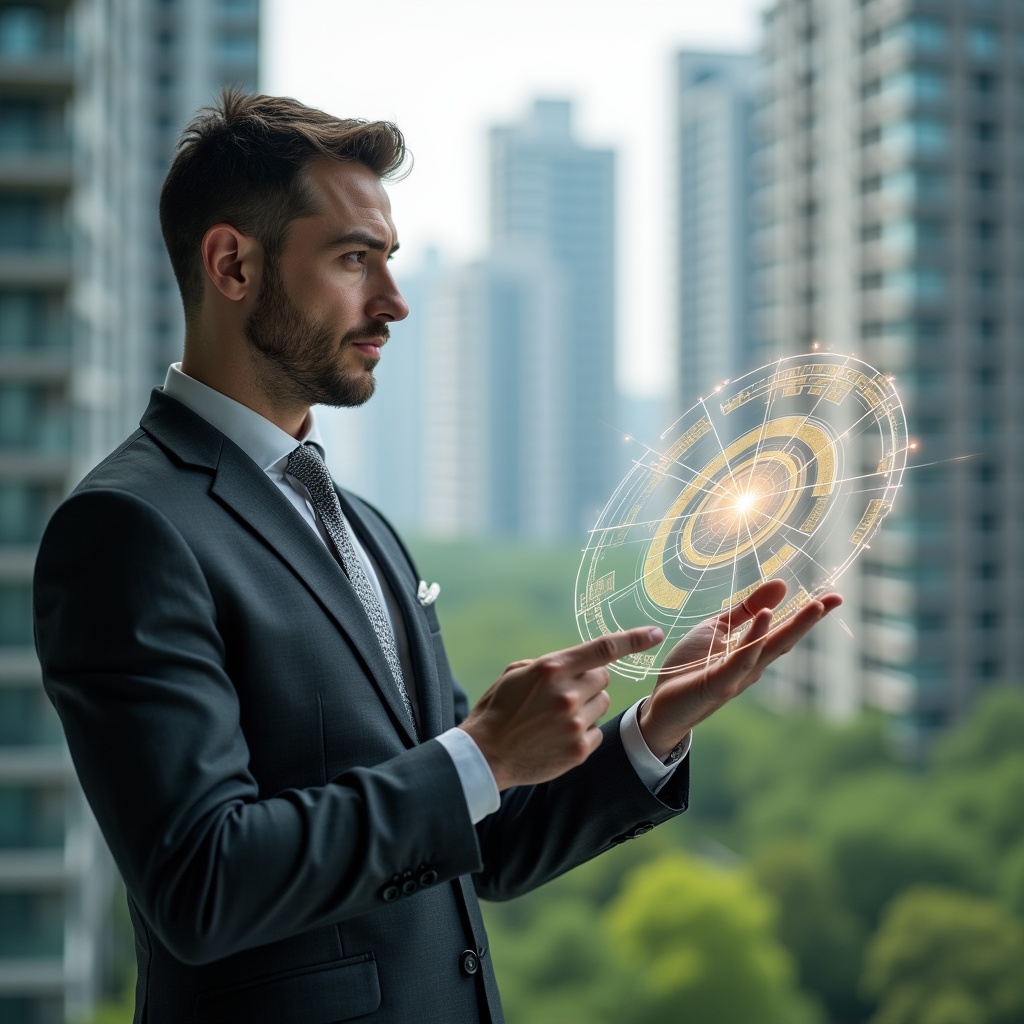 Ultra-realistic condominium manager in a tailored charcoal gray suit, set in a modern luxury condominium environment with high-rise buildings and lush green landscaping, mid-shot analyzing a holographic pie chart representing ideal fractions and floating apartment floor plans, confident and focused expression, cinematic lighting, shallow depth of field, highly detailed textures, realistic skin, photographic realism, 8k resolution --ar 1:1 --v 6