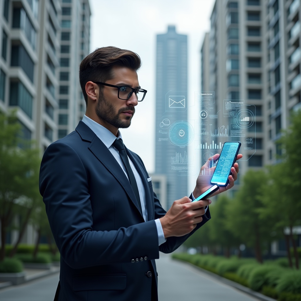(Ultra-realistic condominium manager in a navy executive suit, set in a modern luxury condominium environment with high-rise buildings and meticulously landscaped greenery, analyzing holographic financial charts projected from a smartphone, confident and focused expression, holographic icons of cost reduction and efficiency floating around, cinematic lighting, shallow depth of field, highly detailed textures, realistic skin, photographic realism, 8k resolution --ar 1:1 --v 6)