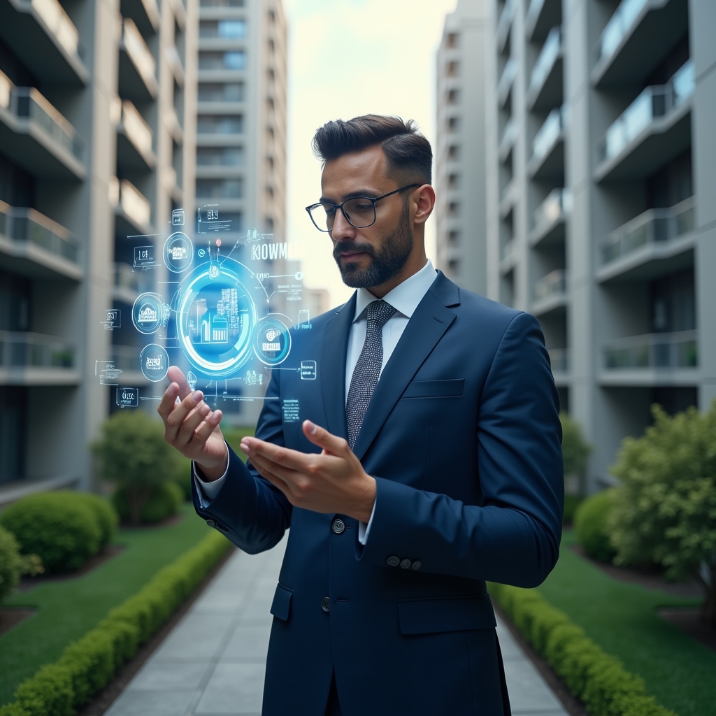 Ultra-realistic condominium manager in a navy tailored suit, set in a modern luxury condominium environment with high-rise buildings and lush green landscaping, mid-shot of a confident syndicate professional reviewing holographic financial charts and expense icons floating before them, analyzing ordinary and extraordinary budget categories, cinematic lighting, shallow depth of field, highly detailed textures, realistic skin, photographic realism, 8k resolution --ar 1:1 --v 6