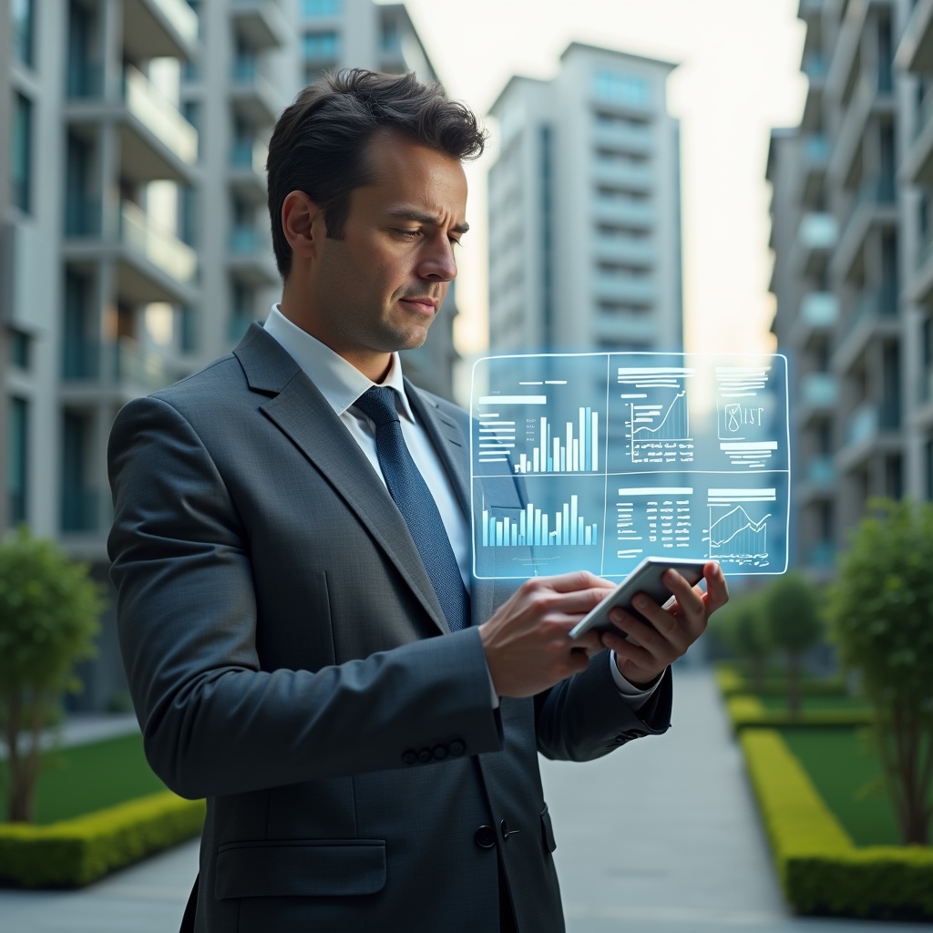 (Ultra-realistic condominium manager in a charcoal gray suit, set in a modern luxury condominium environment with high-rise buildings and manicured green landscaping, reviewing a floating holographic financial report with charts and invoices, confident and focused expression, cinematic lighting, shallow depth of field, highly detailed textures, realistic skin, photographic realism, 8k resolution --ar 1:1 --v 6)