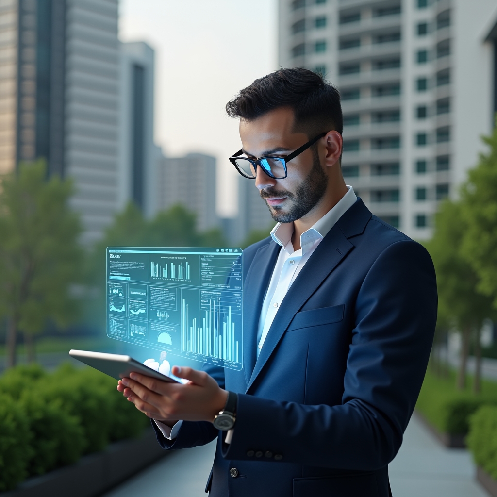 (Ultra-realistic condominium manager in a navy blue executive suit, set in a modern luxury condominium environment with high-rise buildings and manicured green landscaping, holding a digital tablet projecting a holographic financial report and transparent charts, confidently reviewing documents, cinematic lighting, shallow depth of field, highly detailed textures, realistic skin, photographic realism, 8k resolution --ar 1:1 --v 6)