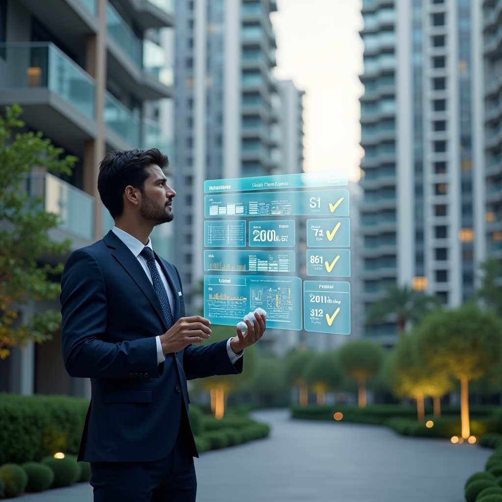 Ultra-realistic condominium manager in a navy business suit, set in a modern luxury condominium environment with high-rise buildings and manicured green landscaping, mid-shot of a confident professional reviewing a holographic financial dashboard with floating balance sheets and approval checkmarks, cinematic lighting, shallow depth of field, highly detailed textures, realistic skin, photographic realism, 8k resolution --ar 1:1 --v 6