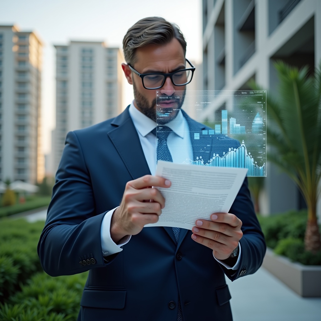 (Ultra-realistic condominium manager in a navy blue suit, set in a modern luxury condominium environment with high-rise buildings and lush green landscaping, examining a floating holographic financial report with charts and graphs, confident expression, cinematic lighting, shallow depth of field, highly detailed textures, realistic skin, photographic realism, 8k resolution --ar 1:1 --v 6)