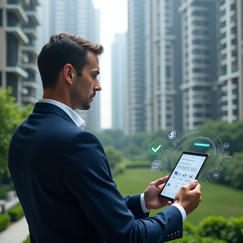Ultra-realistic condominium manager in a tailored dark blue suit, set in a modern luxury condominium environment with high-rise buildings and meticulously landscaped green areas, reviewing a holographic digital tablet displaying task schedules and financial charts, confident expression, symbolic floating icons of communication and maintenance tools, cinematic lighting, shallow depth of field, highly detailed textures, realistic skin, photographic realism, 8k resolution --ar 1:1 --v 6