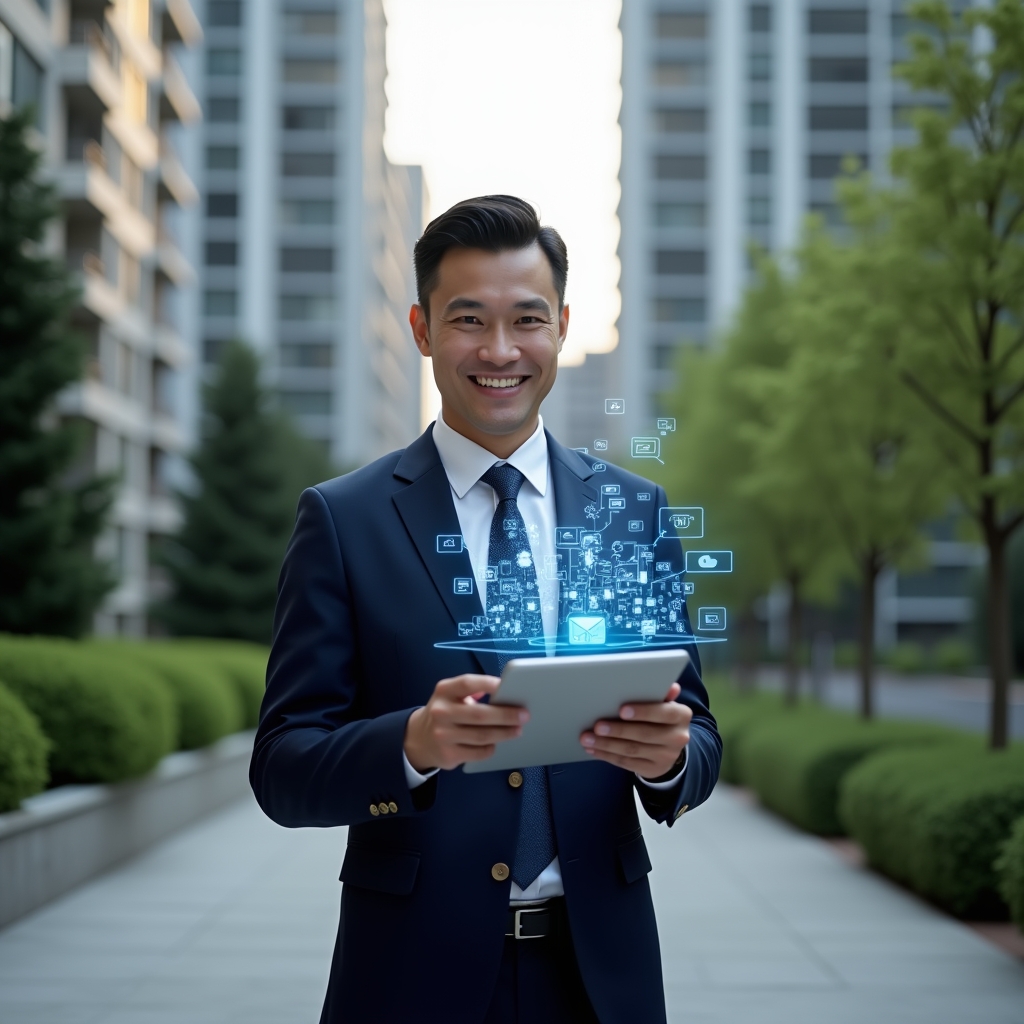(Ultra-realistic condominium manager in a sharp navy business suit, set in a modern luxury condominium environment with high-rise buildings and manicured green landscaping, confidently holding a tablet displaying a floating holographic app interface symbolizing digital management and communication, cinematic lighting, shallow depth of field, highly detailed textures, realistic skin, photographic realism, 8k resolution --ar 1:1 --v 6)