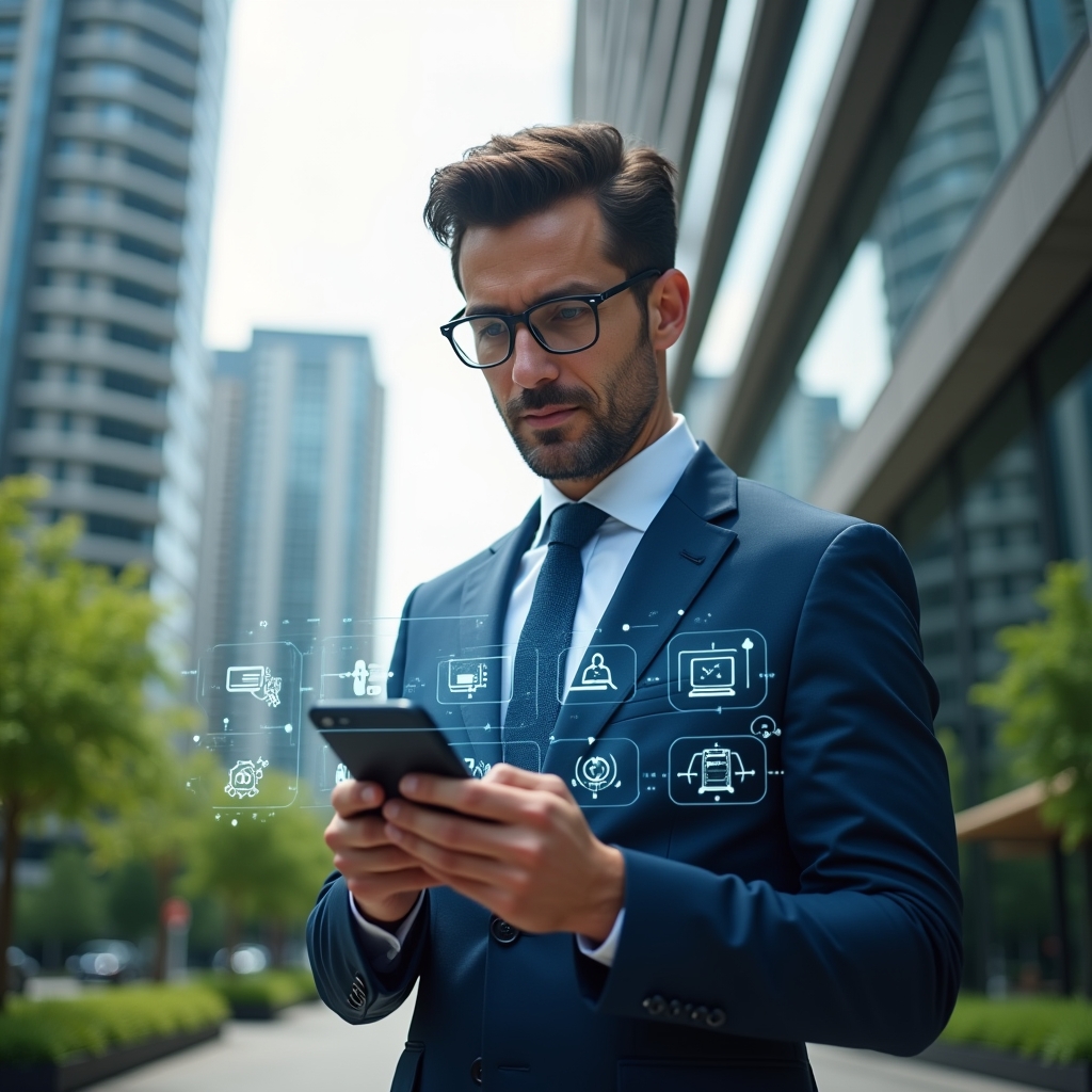 (Ultra-realistic condominium manager in a navy blue suit, set in a modern luxury condominium environment with high-rise buildings and lush green landscaping, holding a smartphone and interacting with a holographic condominium management app interface, holographic icons of communication, finance charts and maintenance tools floating around, confident and focused expression, cinematic lighting, shallow depth of field, highly detailed textures, realistic skin, photographic realism, 8k resolution --ar 1:1 --v 6)