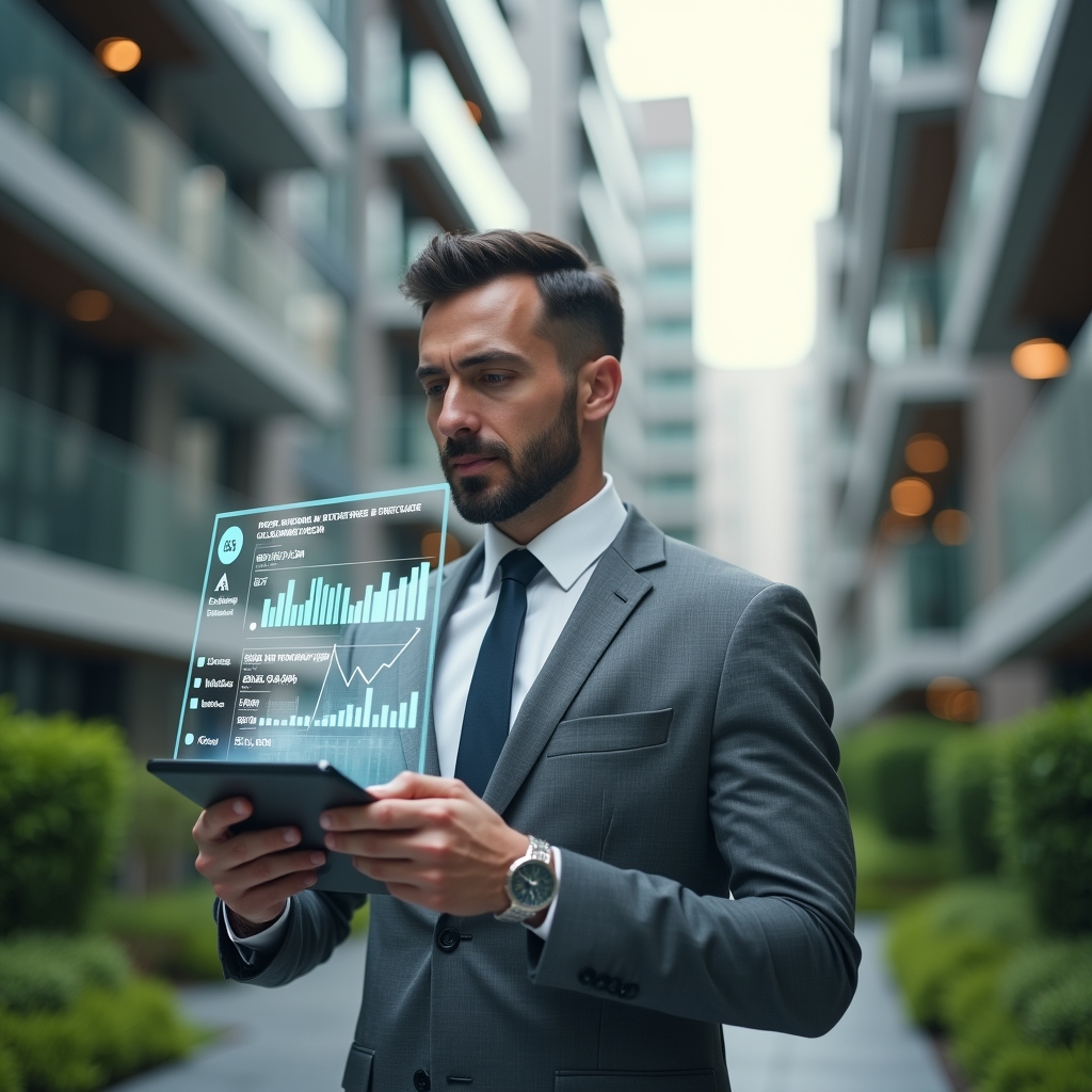 Ultra-realistic condominium manager in a tailored gray suit, set in a modern luxury condominium environment with high-rise buildings and manicured green landscaping, holding a transparent tablet displaying holographic budget charts and approval stamps, confidently reviewing expense estimates, cinematic lighting, shallow depth of field, highly detailed textures, realistic skin, photographic realism, 8k resolution --ar 1:1 --v 6