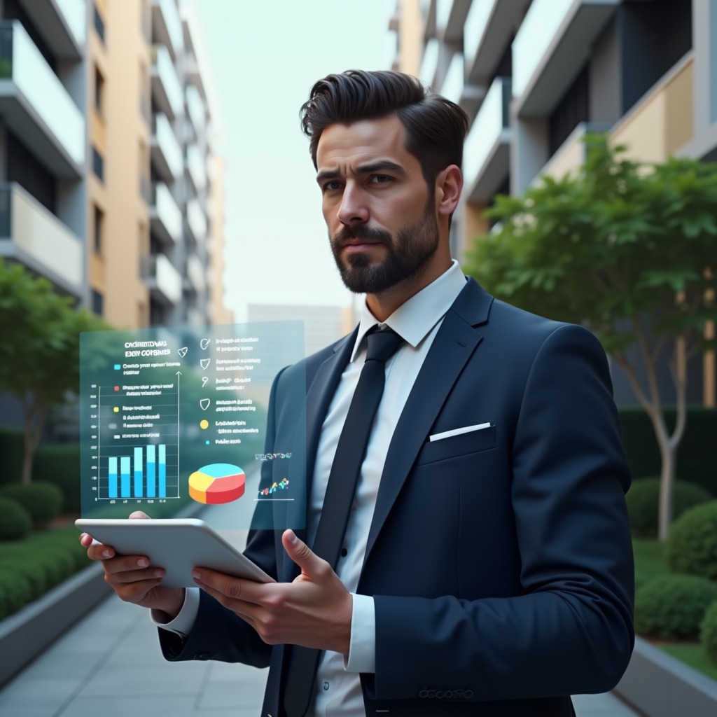 (Ultra-realistic professional property manager in a navy executive suit, set in a modern luxury condominium environment with high-rise buildings and manicured greenery, holding a digital tablet displaying budget graphs, a holographic pie chart and checklist floating beside them symbolizing extraordinary expenses, looking confident and focused, cinematic lighting, shallow depth of field, highly detailed textures, realistic skin, photographic realism, 8k resolution --ar 1:1 --v 6)