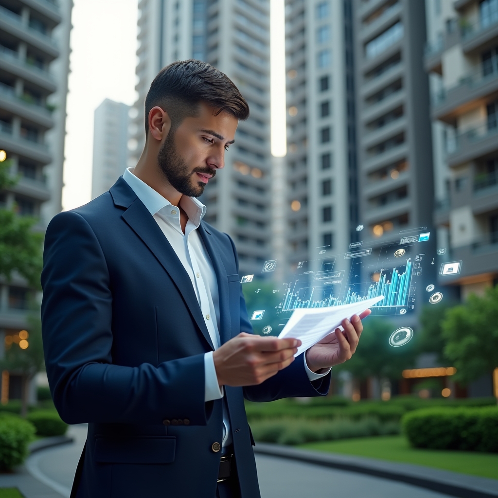 Ultra-realistic condominium manager in a navy blue tailored suit, set in a modern luxury condominium environment with high-rise buildings and lush green landscaping, examining floating holographic financial charts and graphs with a confident, focused expression, subtle icons of coins and calculators orbiting the data, cinematic lighting, shallow depth of field, highly detailed textures, realistic skin, photographic realism, 8k resolution --ar 1:1 --v 6