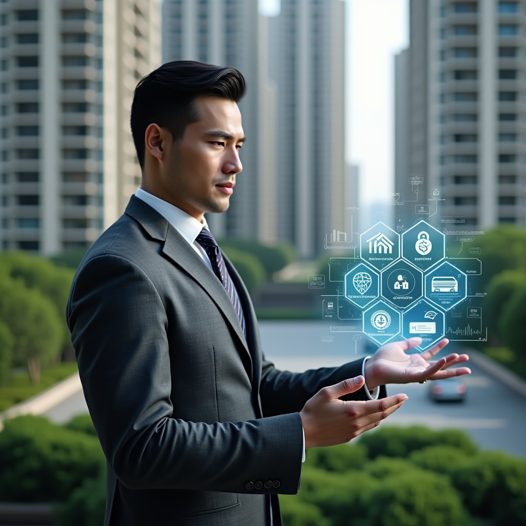 (Ultra-realistic condominium manager in a charcoal gray suit, set in a modern luxury condominium environment with high-rise buildings and manicured green landscaping, interacting with a floating holographic condominium management dashboard showing icons for finance, communication, maintenance and security, confident and focused expression, cinematic lighting, shallow depth of field, highly detailed textures, realistic skin, photographic realism, 8k resolution --ar 1:1 --v 6)