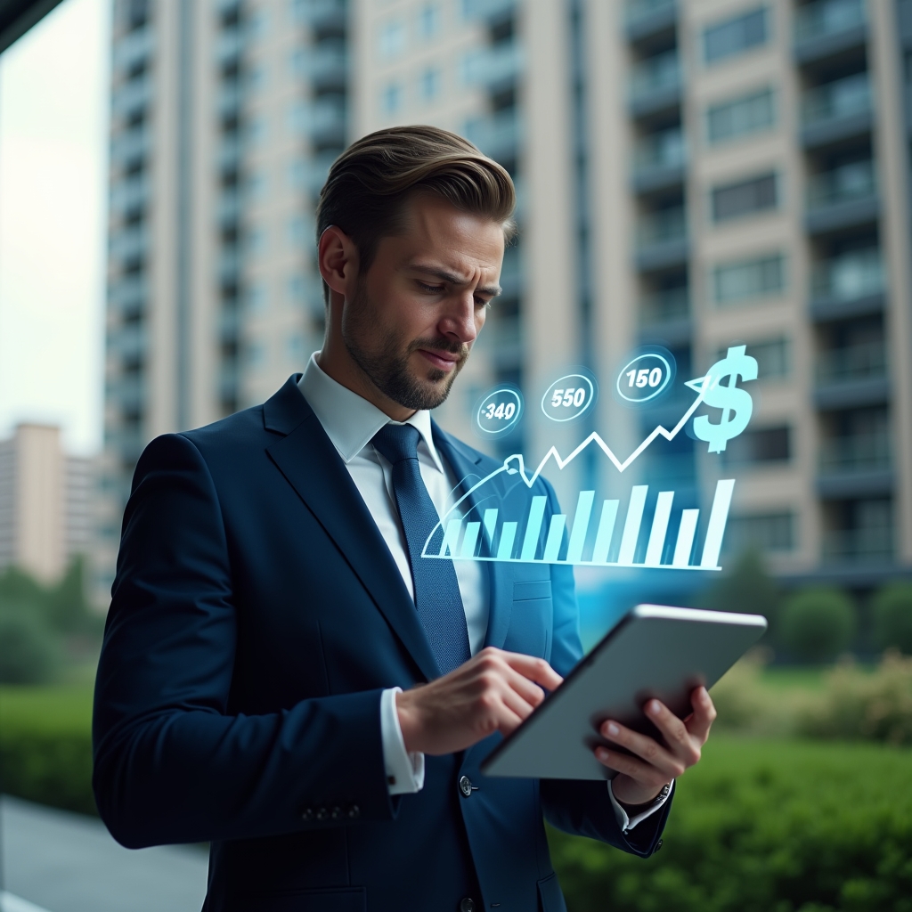 Ultra-realistic condominium manager in a navy suit, set in a modern luxury condominium environment with high-rise buildings and green landscaping, medium shot focusing on the manager analyzing holographic financial charts projected from a tablet, floating budget icons symbolizing extraordinary expenses, confident and focused expression, cinematic lighting, shallow depth of field, highly detailed textures, realistic skin, photographic realism, 8k resolution --ar 1:1 --v 6