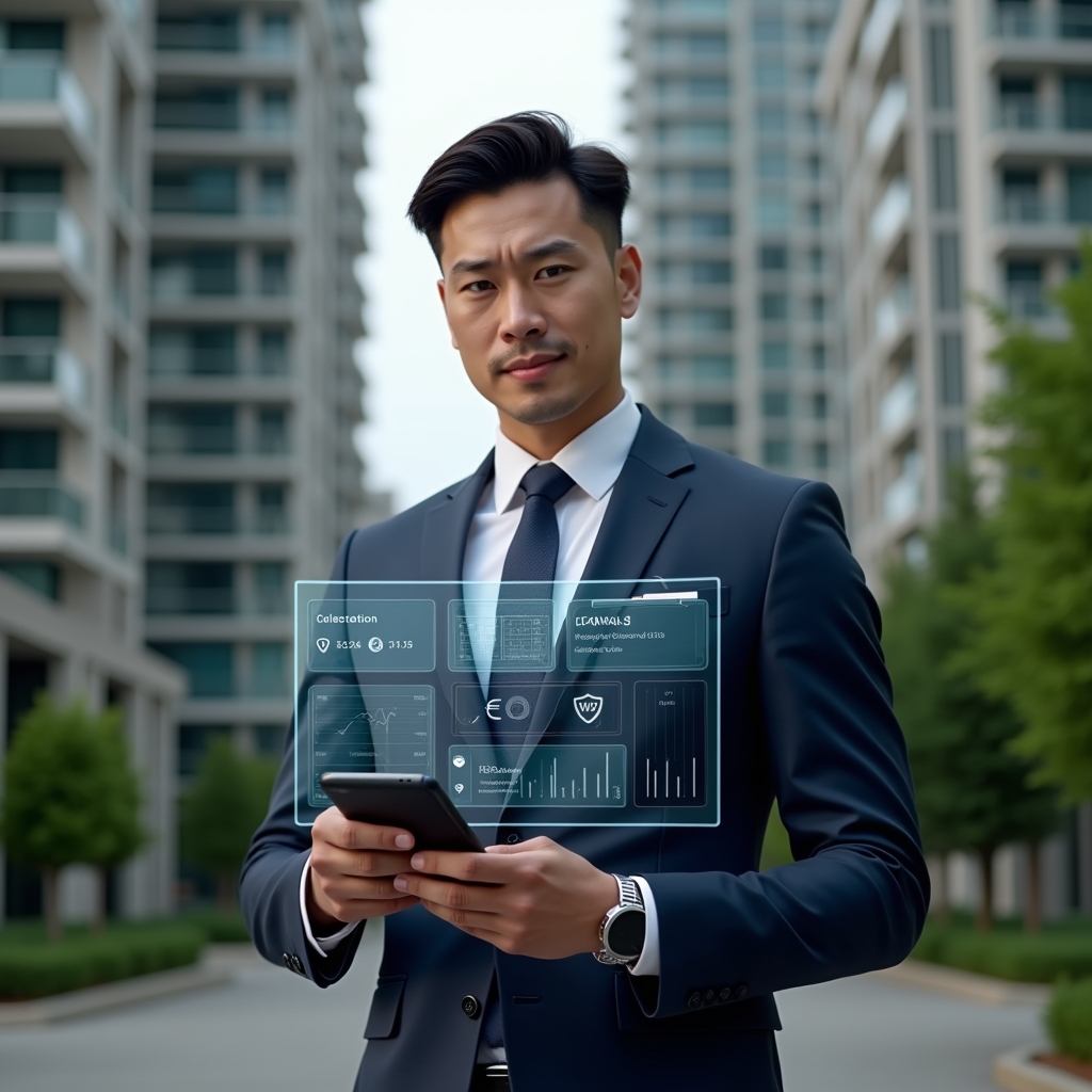 (Ultra-realistic condominium manager in a tailored navy suit, set in a modern luxury condominium environment with high-rise buildings and manicured greenery, holding a smartphone in one hand and interacting with a holographic condominium management app interface showing reservation calendars, financial charts and security icons, confident expression, cinematic lighting, shallow depth of field, highly detailed textures, realistic skin, photographic realism, 8k resolution --ar 1:1 --v 6)