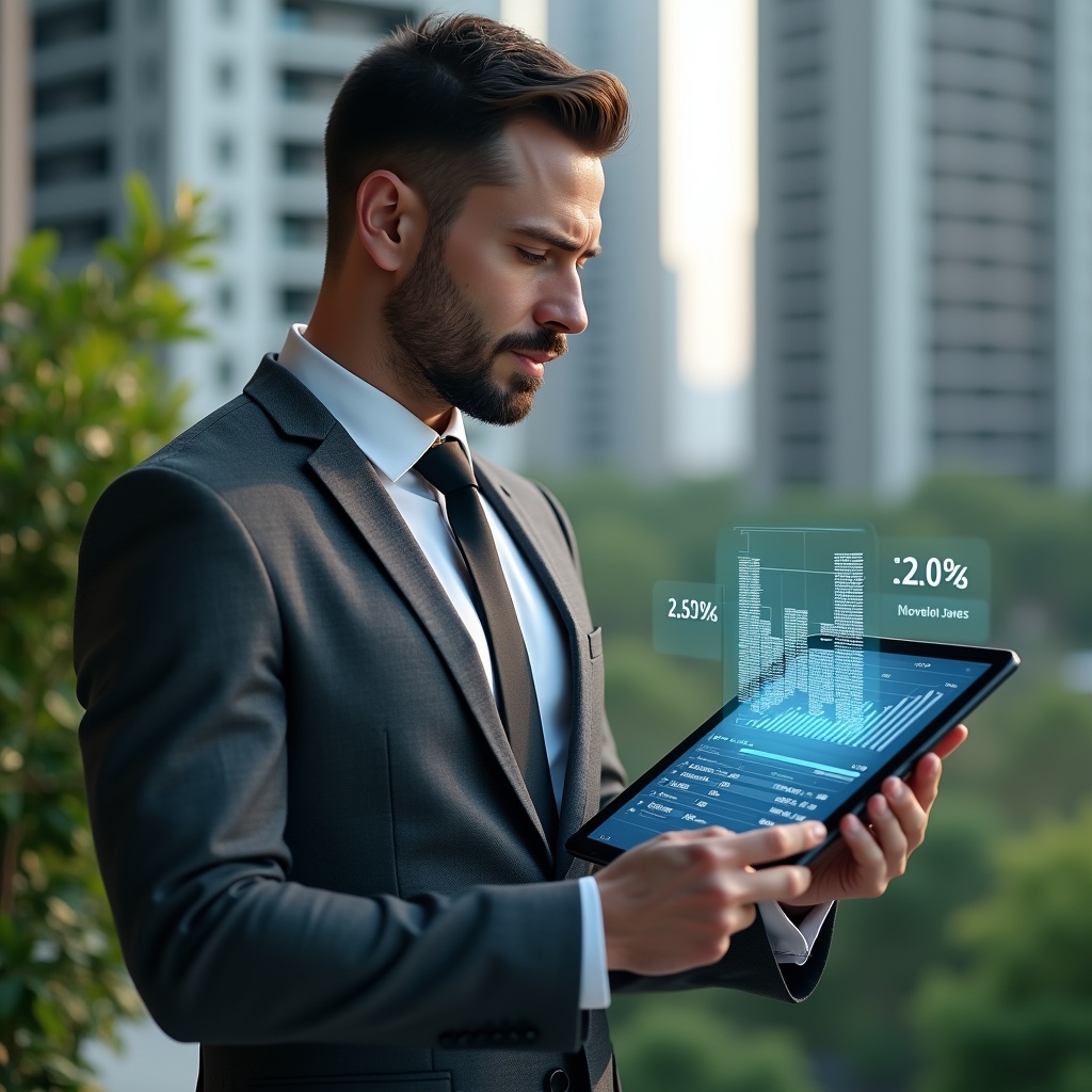 Ultra-realistic condominium manager in a charcoal grey suit, set in a modern luxury condominium environment with high-rise buildings and lush green landscaping, holding a tablet projecting a holographic financial chart and clear balancete data, analyzing with a confident, focused expression, cinematic lighting, shallow depth of field, highly detailed textures, realistic skin, photographic realism, 8k resolution --ar 1:1 --v 6