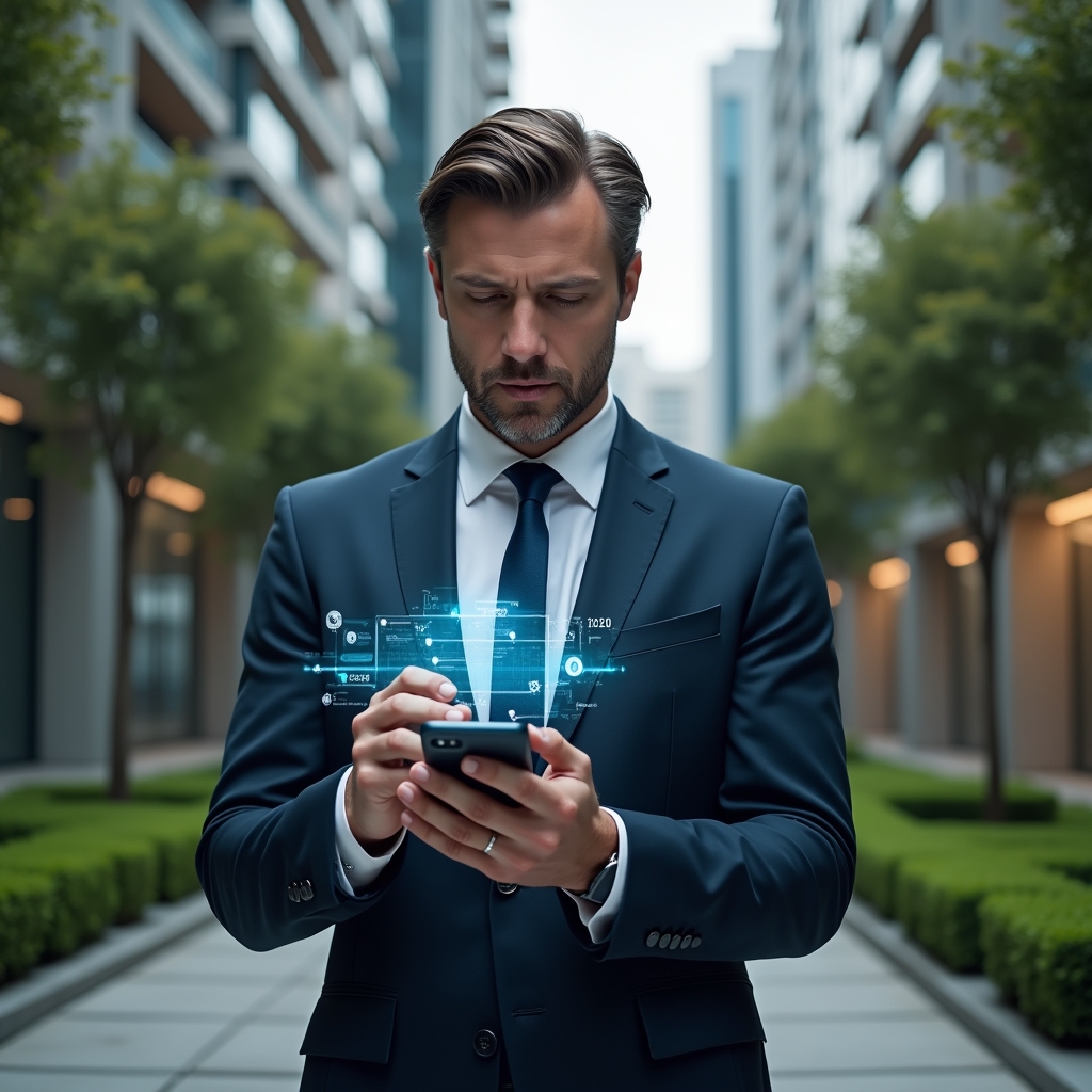 (Ultra-realistic condominium manager in a tailored navy suit, set in a modern luxury condominium environment with high-rise buildings and manicured green landscaping, interacting with a holographic smartphone interface showing condominium management icons and a five-day timeline, confident and focused expression, cinematic lighting, shallow depth of field, highly detailed textures, realistic skin, photographic realism, 8k resolution --ar 1:1 --v 6)