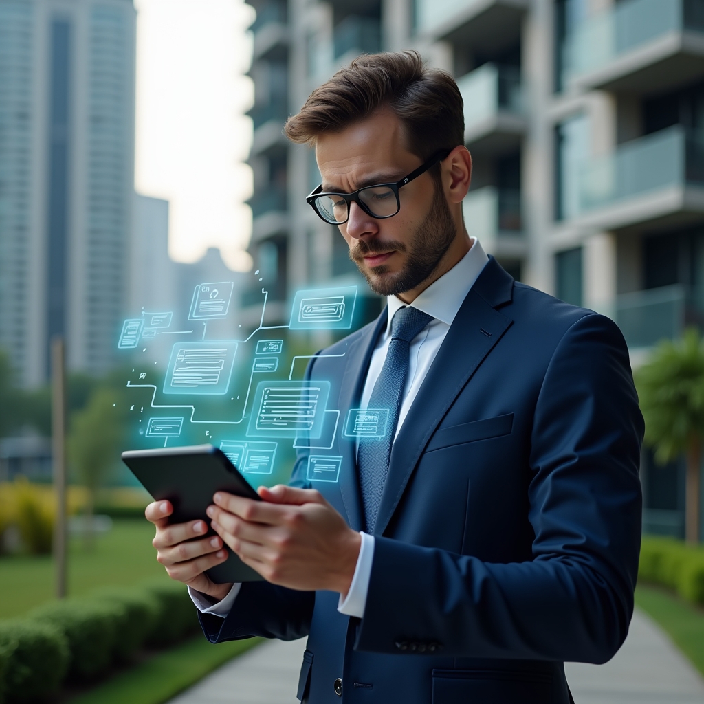 Ultra-realistic condominium manager in a navy blue suit, set in a modern luxury condominium environment with high-rise buildings and manicured green landscaping, holding a tablet displaying a holographic condominium management app interface and thoughtfully analyzing data, with floating icons of chat bubbles and calendar reminders around them, cinematic lighting, shallow depth of field, highly detailed textures, realistic skin, photographic realism, 8k resolution --ar 1:1 --v 6
