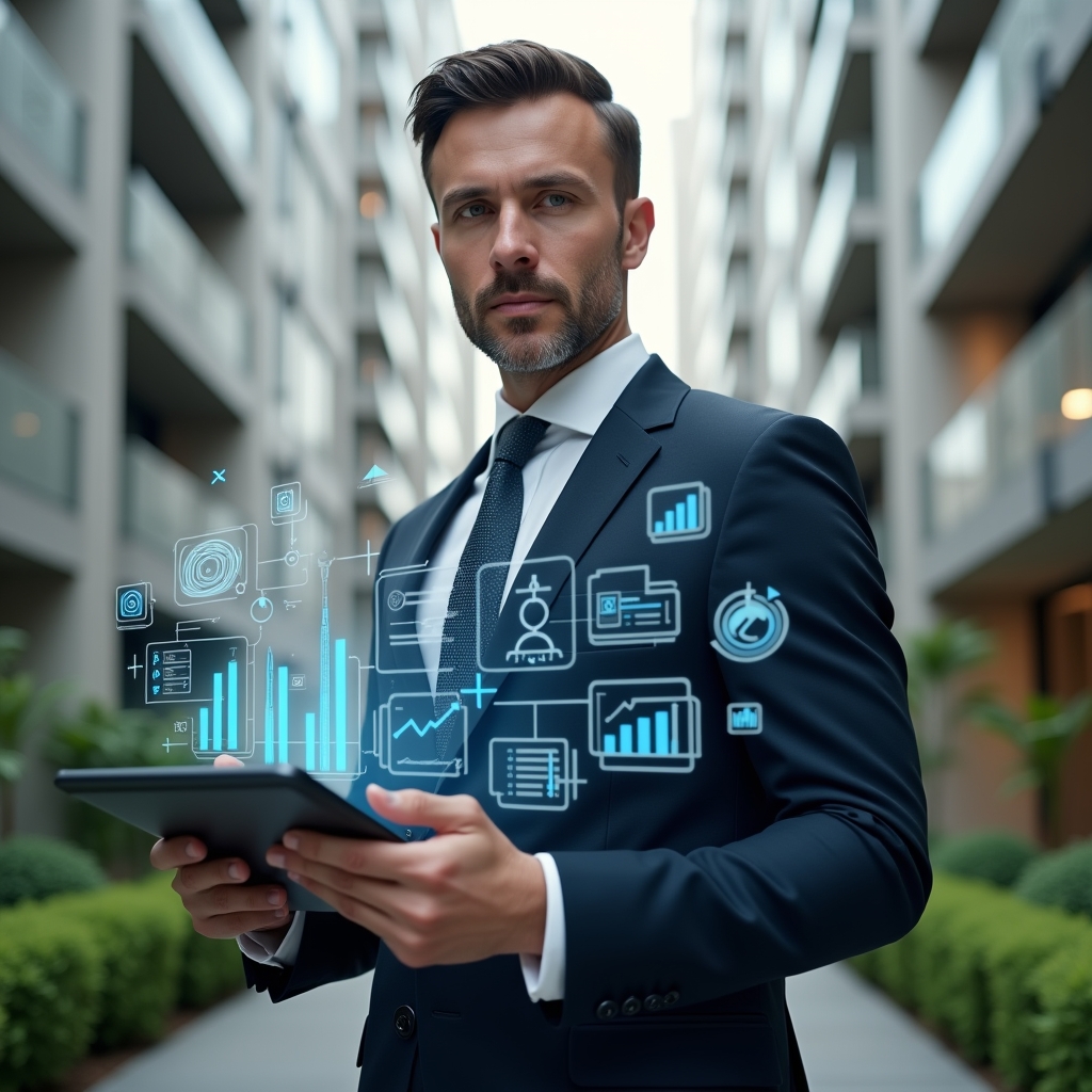 (Ultra-realistic condominium manager in a tailored navy suit, set in a modern luxury condominium environment with high-rise buildings and manicured green landscaping, holding a tablet displaying holographic financial charts and balance sheets, confident and focused expression, floating digital icons of graphs and ledgers around them, cinematic lighting, shallow depth of field, highly detailed textures, realistic skin, photographic realism, 8k resolution --ar 1:1 --v 6)