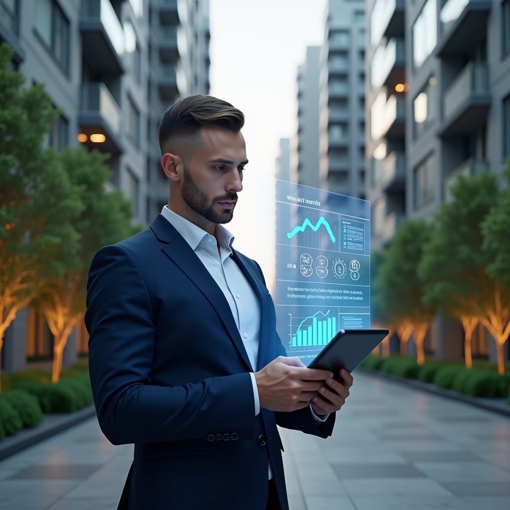 (Ultra-realistic condominium manager in a navy blue suit, set in a modern luxury condominium environment with high-rise buildings and meticulously landscaped gardens, standing in a medium shot reviewing a holographic financial report projected above a tablet, holographic charts and graphs floating around, expression confident and focused, cinematic lighting, shallow depth of field, highly detailed textures, realistic skin, photographic realism, 8k resolution --ar 1:1 --v 6)