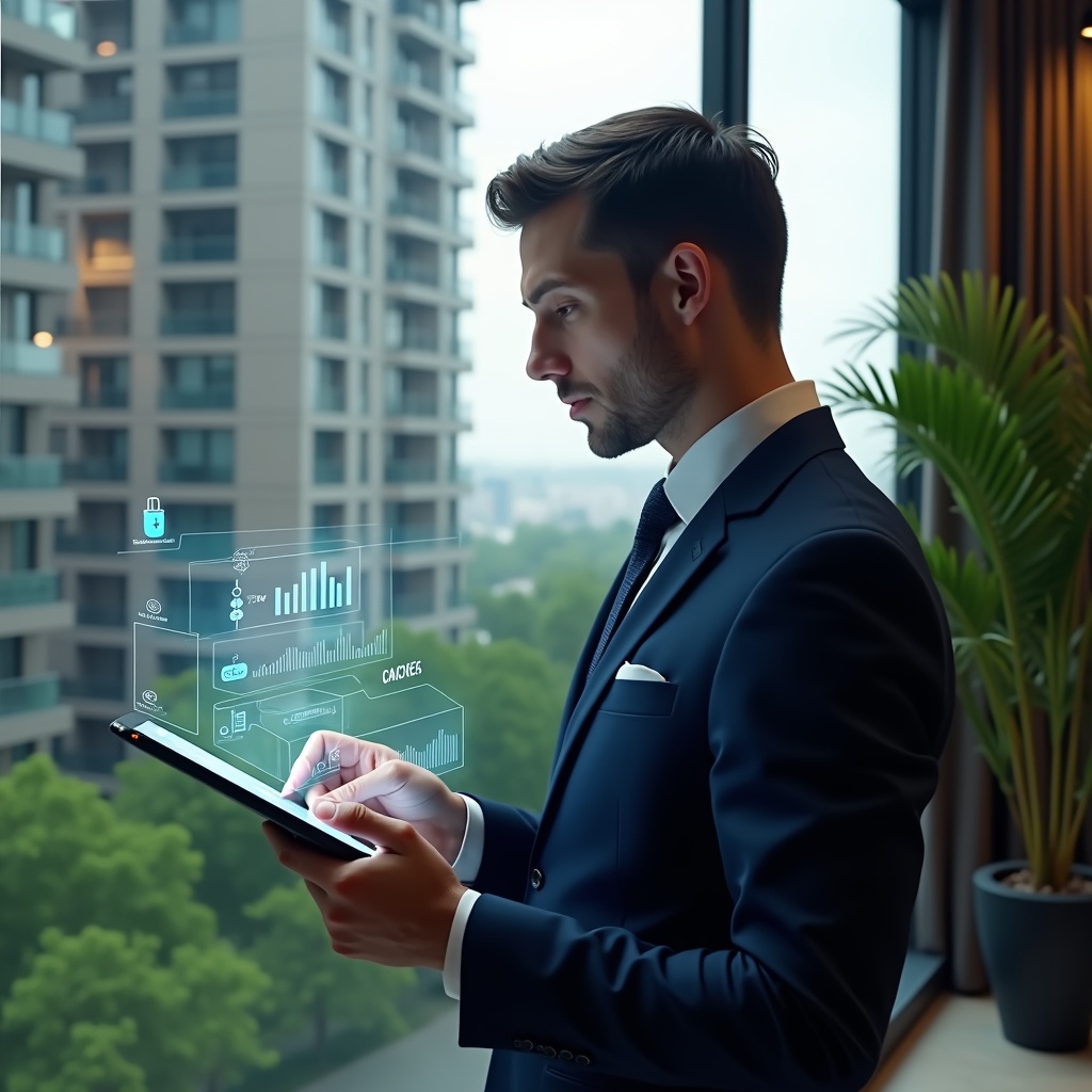 (Ultra-realistic condominium manager in a tailored navy suit, set in a modern luxury condominium environment with high-rise buildings and lush green landscaping, mid shot of a confident professional analyzing a digital tablet projecting holographic expense charts and icons for ordinary and extraordinary costs, cinematic lighting, shallow depth of field, highly detailed textures, realistic skin, photographic realism, 8k resolution --ar 1:1 --v 6)