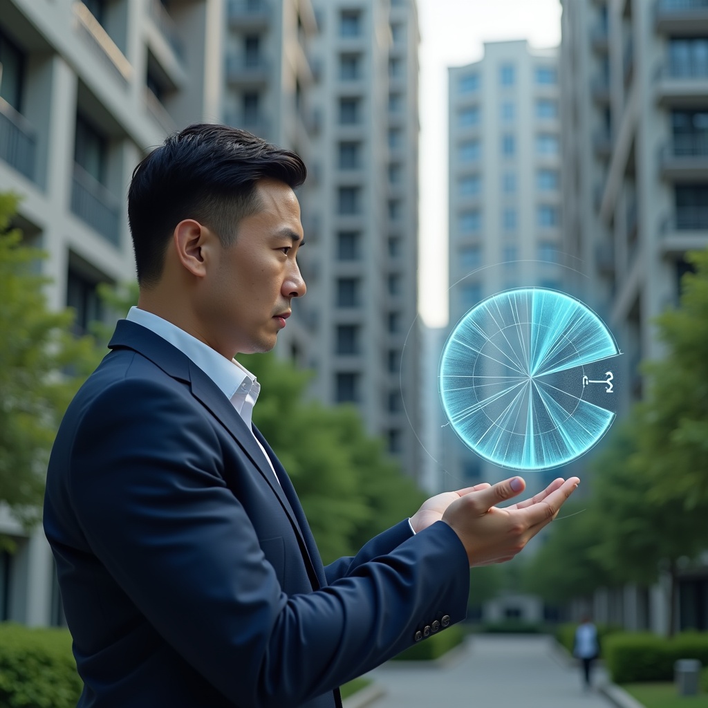 (Ultra-realistic condominium manager in a navy blue suit, set in a modern luxury condominium environment with high-rise buildings and lush green landscaping, thoughtfully examining a holographic pie chart representing ideal fraction ratios and a floating digital balance scale icon symbolizing fair expense division, cinematic lighting, shallow depth of field, highly detailed textures, realistic skin, photographic realism, 8k resolution --ar 1:1 --v 6)