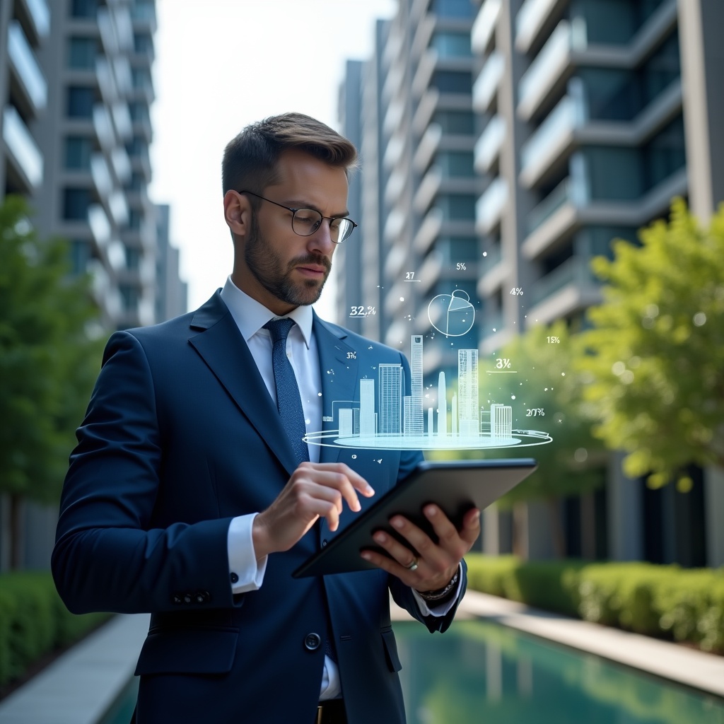 (Ultra-realistic condominium manager in a navy blue suit, set in a modern luxury condominium environment with high-rise buildings and manicured green landscaping, thoughtfully analyzing a holographic pie chart representing fraction ideal cost allocation above a digital tablet, symbolic floating icons of buildings and percentage symbols, cinematic lighting, shallow depth of field, highly detailed textures, realistic skin, photographic realism, 8k resolution --ar 1:1 --v 6)