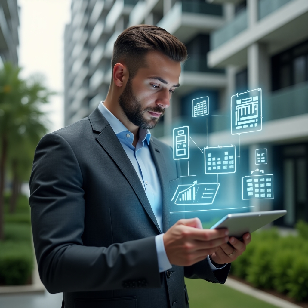 (Ultra-realistic condominium manager in a charcoal gray executive suit, set in a modern luxury condominium environment with high-rise buildings and manicured green landscaping, reviewing holographic financial charts projected above a tablet with a focused, confident expression, floating icons of graphs and calendar reminders symbolizing on-time accounting, cinematic lighting, shallow depth of field, highly detailed textures, realistic skin, photographic realism, 8k resolution --ar 1:1 --v 6)