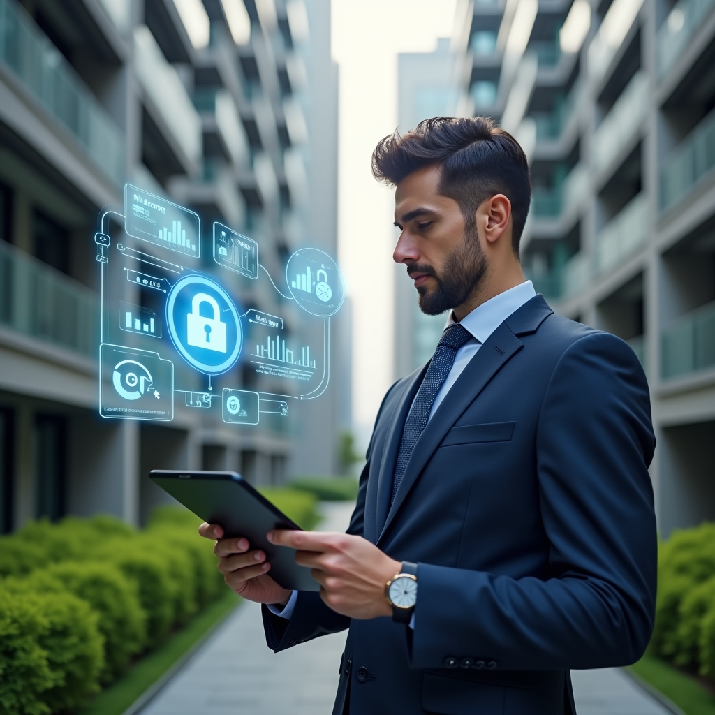 (Ultra-realistic condominium manager in a navy blue tailored suit, set in a modern luxury condominium environment with high-rise buildings and manicured green landscaping, confidently examining a floating holographic financial report displaying graphs and pie charts, a semi-transparent padlock icon symbolizing data security hovering nearby, cinematic lighting, shallow depth of field, highly detailed textures, realistic skin, photographic realism, 8k resolution --ar 1:1 --v 6)