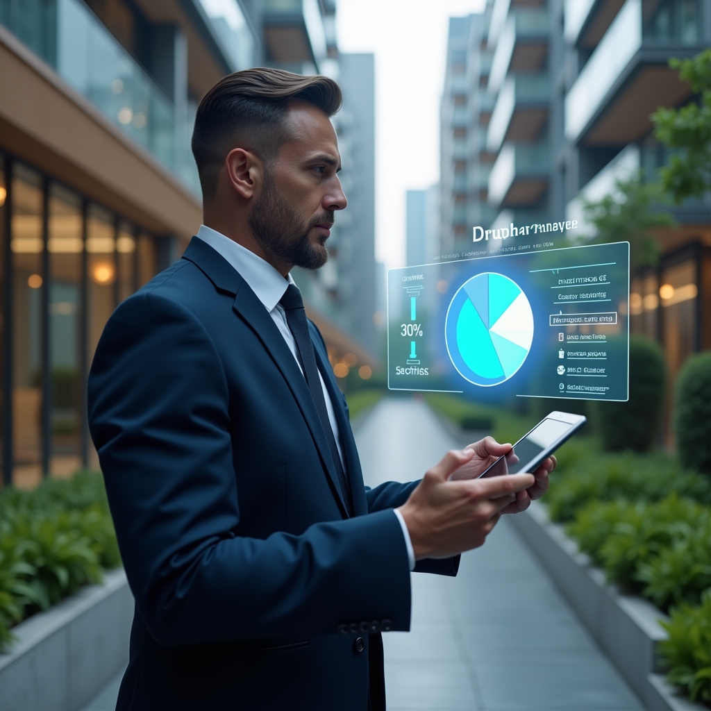 Ultra-realistic property manager in a navy suit, set in a modern luxury condominium environment with high-rise buildings and green landscaping, confidently examining a holographic pie chart showing “30% savings” projected from a tablet, cinematic lighting, shallow depth of field, highly detailed textures, realistic skin, photographic realism, 8k resolution --ar 1:1 --v 6