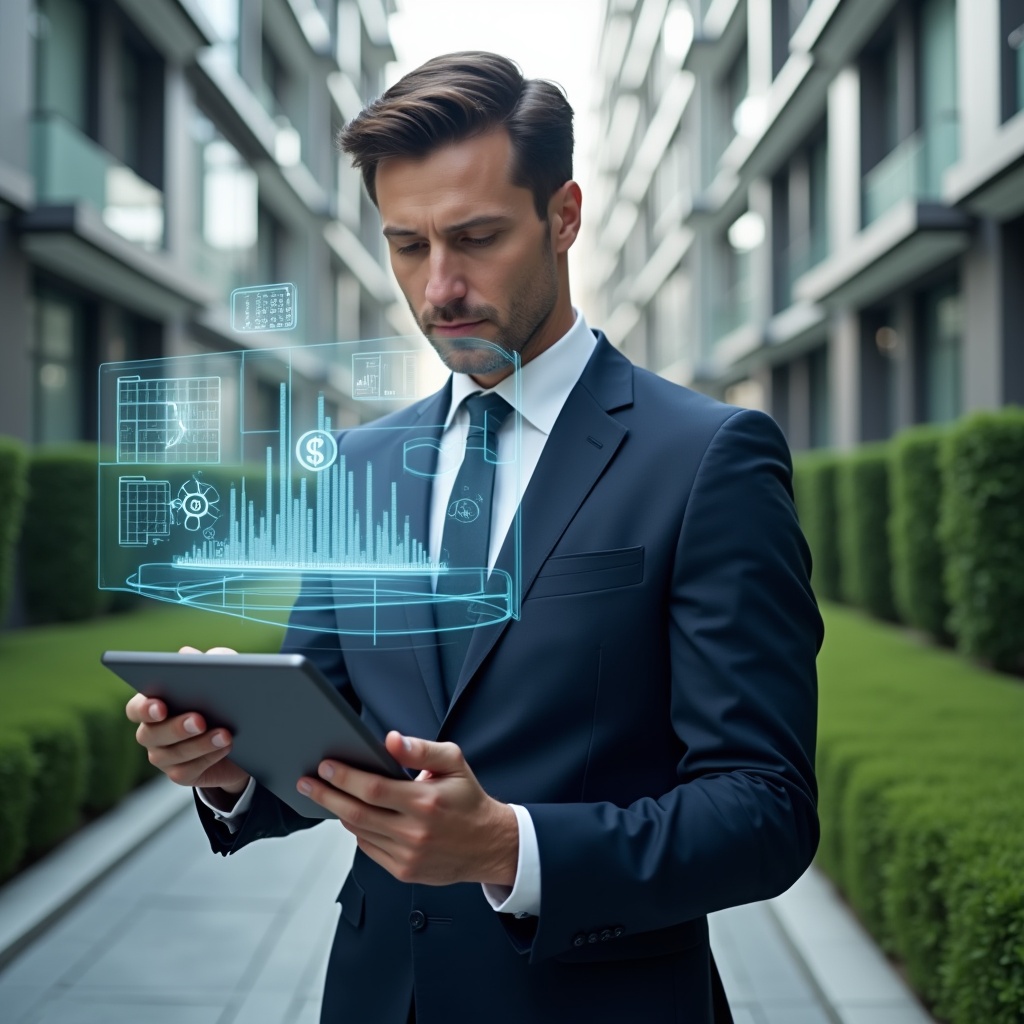 (Ultra-realistic condominium manager in a navy business suit, set in a modern luxury condominium environment with high-rise buildings and manicured green landscaping, holding a digital tablet and analyzing floating holographic charts of expenses and schedules, with semi-transparent icons of a building, dollar sign and calendar orbiting around, confident and focused expression, cinematic lighting, shallow depth of field, highly detailed textures, realistic skin, photographic realism, 8k resolution --ar 1:1 --v 6)