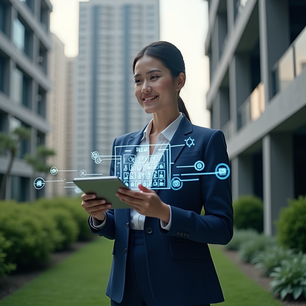 (Ultra-realistic condominium manager in a navy blue executive suit, set in a modern luxury condominium environment with high-rise buildings and manicured green landscaping, holding a tablet projecting a holographic activity schedule calendar, confidently planning tasks with a slight smile, floating calendar icons and timeline holograms around her, cinematic lighting, shallow depth of field, highly detailed textures, realistic skin, photographic realism, 8k resolution --ar 1:1 --v 6)