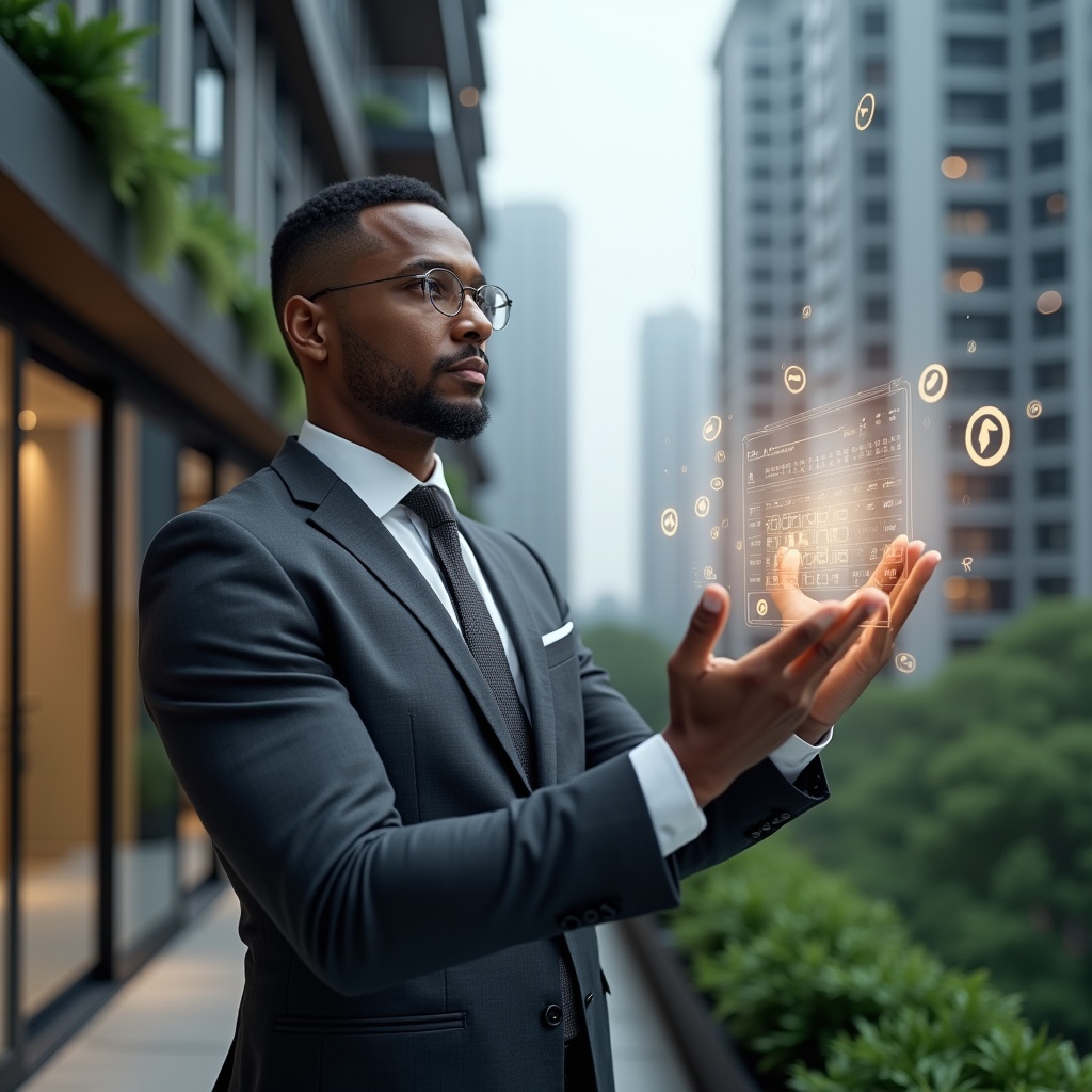 (Ultra-realistic condominium manager in a charcoal gray suit, set in a modern luxury condominium environment with high-rise buildings and lush green landscaping, holding and analyzing a floating holographic calendar schedule, glowing checkmark and clock icons orbiting the display, confident and focused expression, cinematic lighting, shallow depth of field, highly detailed textures, realistic skin, photographic realism, 8k resolution --ar 1:1 --v 6)