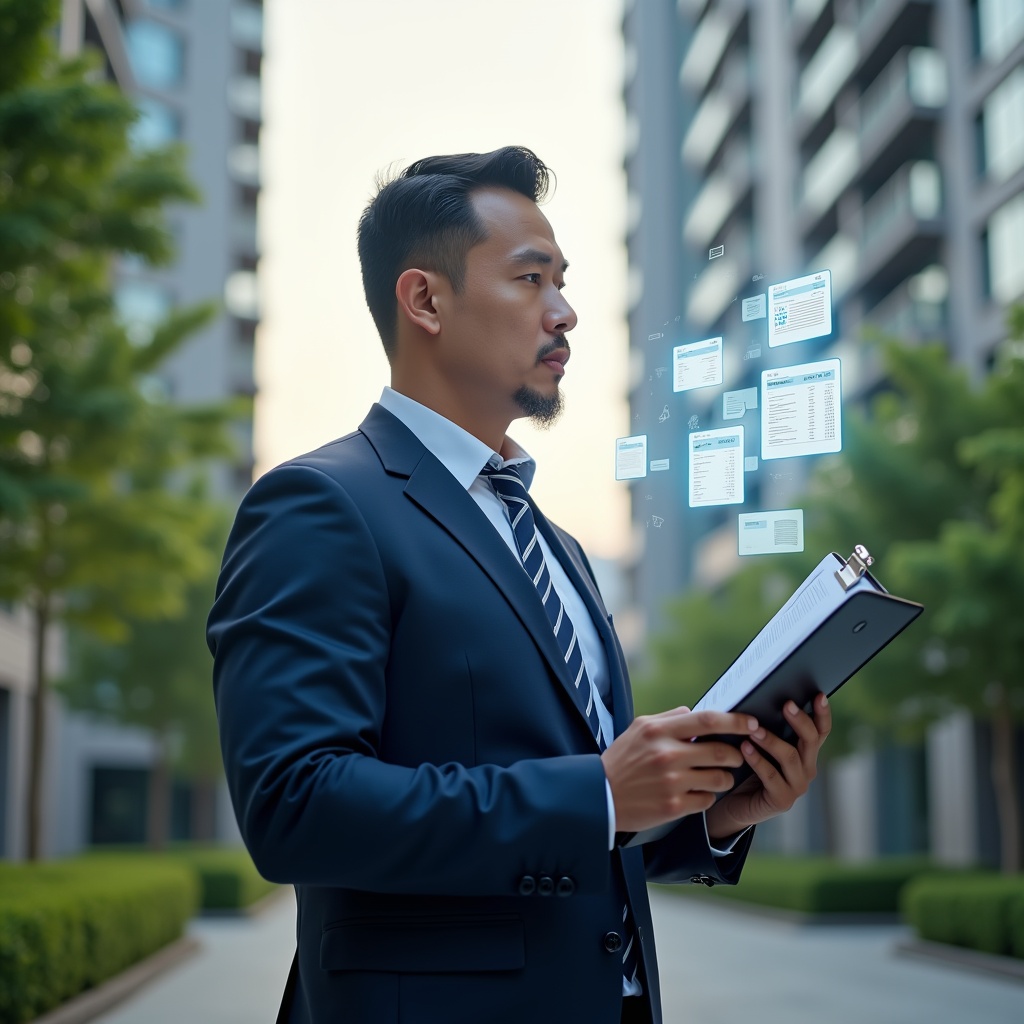 Ultra-realistic condominium manager in a navy executive suit, set in a modern luxury condominium environment with high-rise buildings and lush green landscaping, holding a digital clipboard and reviewing floating holographic financial documents and checklists, confident and focused expression, cinematic lighting, shallow depth of field, highly detailed textures, realistic skin, photographic realism, 8k resolution --ar 1:1 --v 6