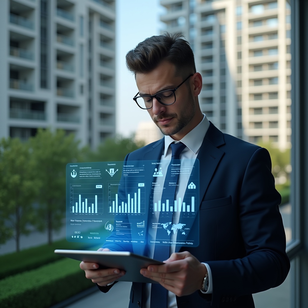(Ultra-realistic condominium manager in a navy blue suit, set in a modern luxury condominium environment with high-rise buildings and manicured greenery, reviewing holographic financial reports projected above a sleek tablet, expression confident and focused, translucent charts and icons symbolizing transparency and clear accounting, cinematic lighting, shallow depth of field, highly detailed textures, realistic skin, photographic realism, 8k resolution --ar 1:1 --v 6)