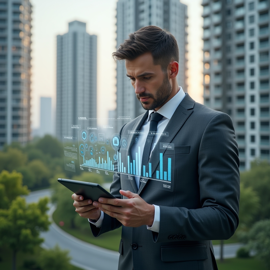 Ultra-realistic condominium manager in a charcoal gray suit, set in a modern luxury condominium environment with high-rise buildings and green landscaping, holding a tablet displaying holographic financial reports, analyzing digital charts with floating icons symbolizing transparency and efficiency, confident and focused expression, cinematic lighting, shallow depth of field, highly detailed textures, realistic skin, photographic realism, 8k resolution --ar 1:1 --v 6