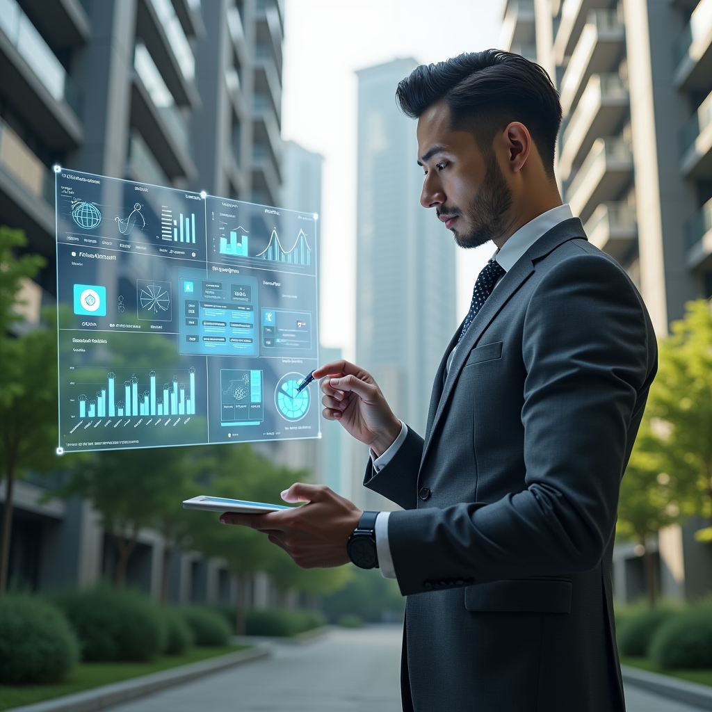(Ultra-realistic condominium manager in a charcoal gray tailored suit, set in a modern luxury condominium environment with high-rise buildings and lush green landscaping, analyzing a floating holographic dashboard of performance metrics and charts, holographic icons of graphs and data points surrounding them, confident and focused expression, cinematic lighting, shallow depth of field, highly detailed textures, realistic skin, photographic realism, 8k resolution --ar 1:1 --v 6)