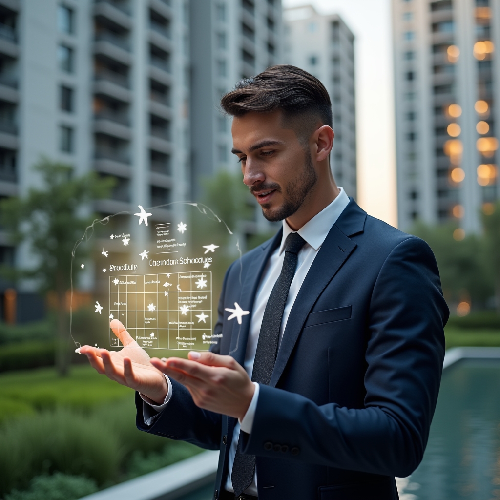 Ultra-realistic condominium manager in a tailored navy suit, set in a modern luxury condominium environment with high-rise buildings and lush green landscaping, examining a floating holographic maintenance schedule calendar with glowing task icons, confident expression, cinematic lighting, shallow depth of field, highly detailed textures, realistic skin, photographic realism, 8k resolution --ar 1:1 --v 6