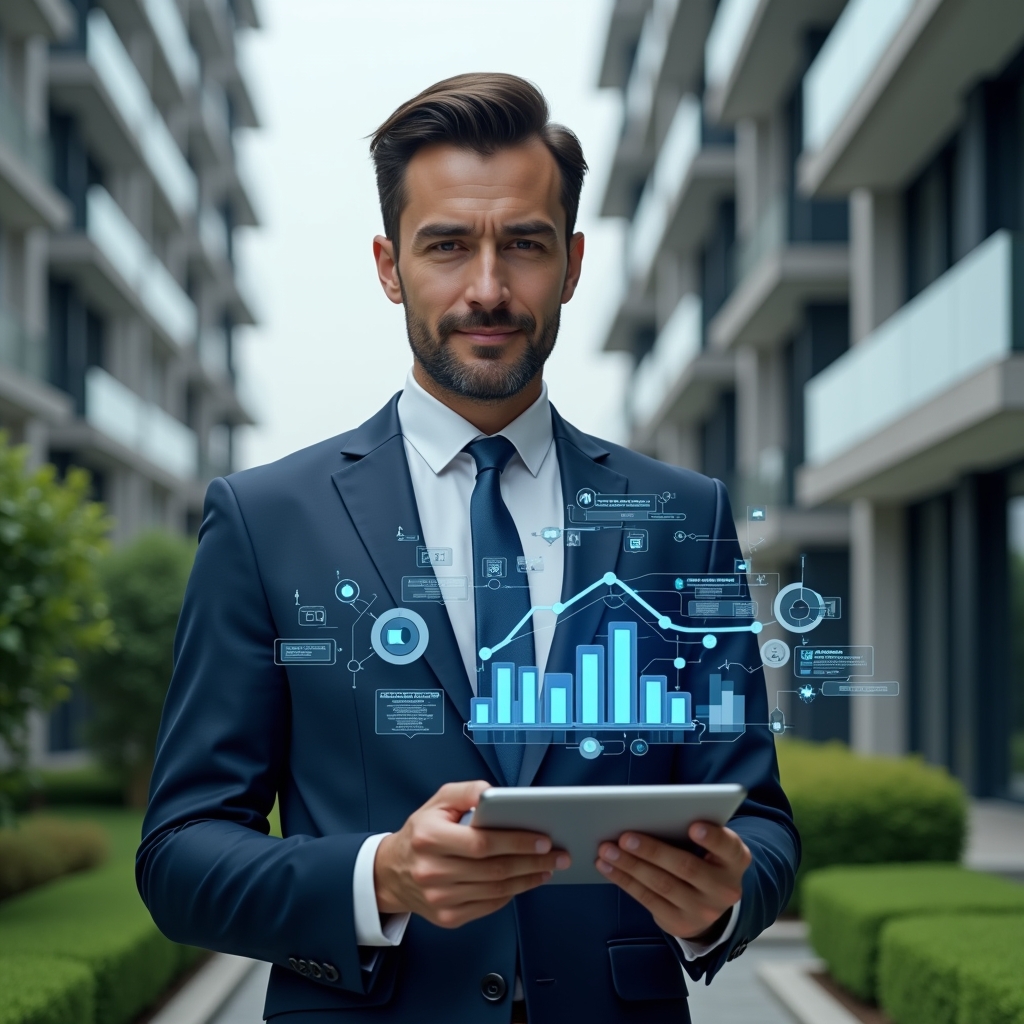 (Ultra-realistic condominium manager in a tailored navy-blue suit, set in a modern luxury condominium environment with high-rise buildings and manicured green landscaping, medium close-up of a confident professional interacting with floating holographic financial reports and charts above a sleek tablet, 3D infographic icons symbolizing automation and precision, cinematic lighting, shallow depth of field, highly detailed textures, realistic skin, photographic realism, 8k resolution --ar 1:1 --v 6)