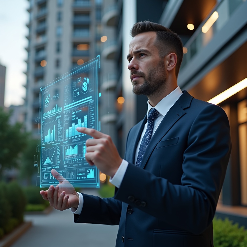 (Ultra-realistic property manager in a navy blue suit, set in a modern luxury condominium environment with high-rise buildings and manicured greenery, holding a transparent holographic financial report spreadsheet and pointing at charts with a confident, focused expression, surrounded by glowing icons of bar graphs and dollar symbols, cinematic lighting, shallow depth of field, highly detailed textures, realistic skin, photographic realism, 8k resolution --ar 1:1 --v 6)