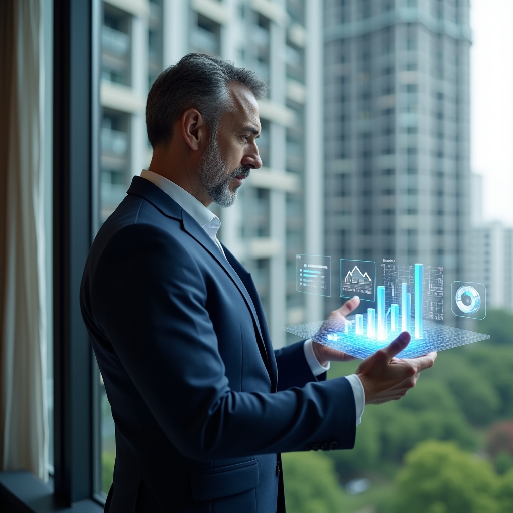Ultra-realistic condominium manager in a dark blue suit, set in a modern luxury condominium environment with high-rise buildings and manicured greenery visible through floor-to-ceiling windows, mid-shot of the manager confidently reviewing a floating holographic financial report and bar charts, transparent ledger icons hovering beside them, cinematic lighting, shallow depth of field, highly detailed textures, realistic skin, photographic realism, 8k resolution --ar 1:1 --v 6