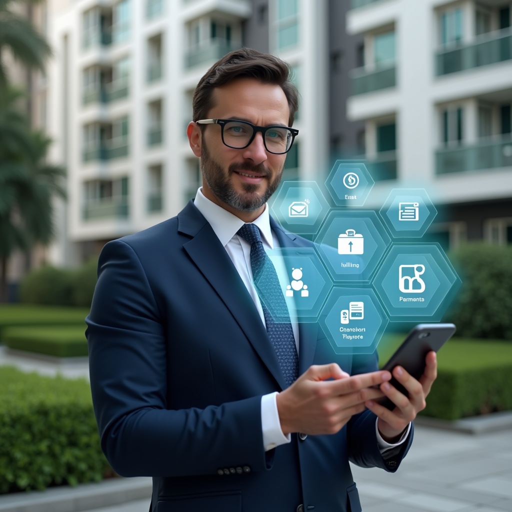 Ultra-realistic property manager in a navy business suit, set in a modern luxury condominium environment with high-rise buildings and lush green landscaping, holding a smartphone and interacting with a floating holographic interface displaying icons for payments, reservations and messages, confident expression, cinematic lighting, shallow depth of field, highly detailed textures, realistic skin, photographic realism, 8k resolution --ar 1:1 --v 6