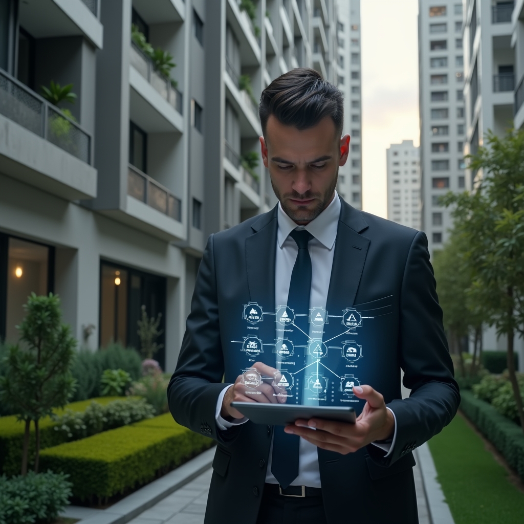 (Ultra-realistic condominium manager in a dark tailored suit, set in a modern luxury condominium environment with high-rise buildings and meticulously landscaped gardens, examining a holographic tablet displaying warning icons and workflow diagrams, holographic error symbols floating around, thoughtful and focused expression, cinematic lighting, shallow depth of field, highly detailed textures, realistic skin, photographic realism, 8k resolution --ar 1:1 --v 6)