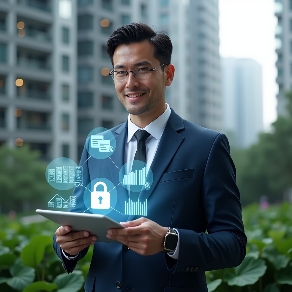 (Ultra-realistic condominium manager in a navy executive suit, set in a modern luxury condominium environment with high-rise buildings and lush green landscaping, medium close-up, holding a transparent tablet displaying holographic financial charts and balance sheets, analyzing data thoughtfully with a confident expression, floating icons of receipts and a padlock symbolizing transparency, cinematic lighting, shallow depth of field, highly detailed textures, realistic skin, photographic realism, 8k resolution --ar 1:1 --v 6)