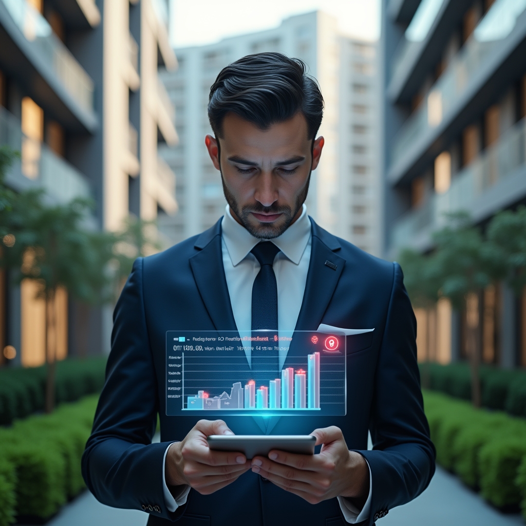 (Ultra-realistic condominium manager in a dark blue tailored suit, set in a modern luxury condominium environment with high-rise buildings and manicured green landscaping, reviewing a holographic financial report with red warning icons above a digital ledger, analytical and confident expression, cinematic lighting, shallow depth of field, highly detailed textures, realistic skin, photographic realism, 8k resolution --ar 1:1 --v 6)