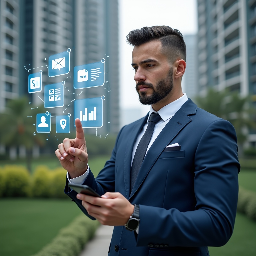 Ultra-realistic condominium manager in a navy blue executive suit, set in a modern luxury condominium environment with high-rise buildings and green landscaping, holding a smartphone and pointing at floating holographic icons representing finance, messaging, booking, maintenance, documents, security, and analytics, confident and focused expression, cinematic lighting, shallow depth of field, highly detailed textures, realistic skin, photographic realism, 8k resolution --ar 1:1 --v 6